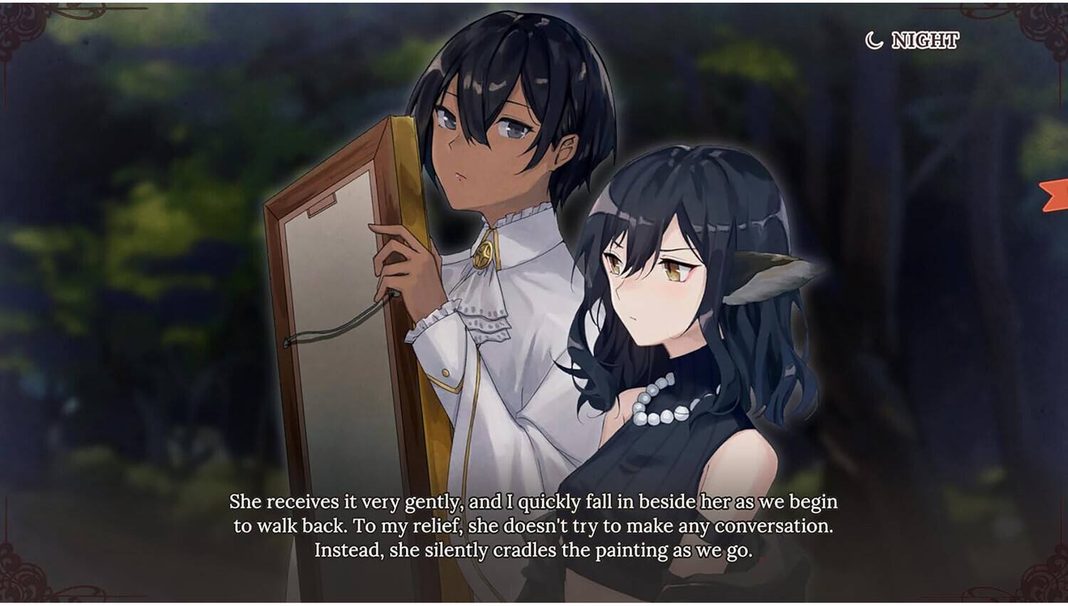 NIGHT

She receives it very gently, and I quickly fall in beside her as we begin to walk back. To my relief, she doesn't try to make any conversation. Instead, she silently cradles the painting as we go.