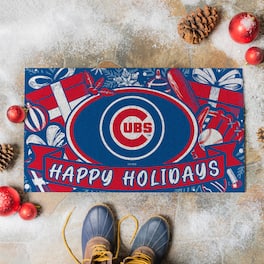 Evergreen Enterprises - Chicago Cubs 28" x 16" Happy Holidays Christmas Turf Door Mat - Multicolor