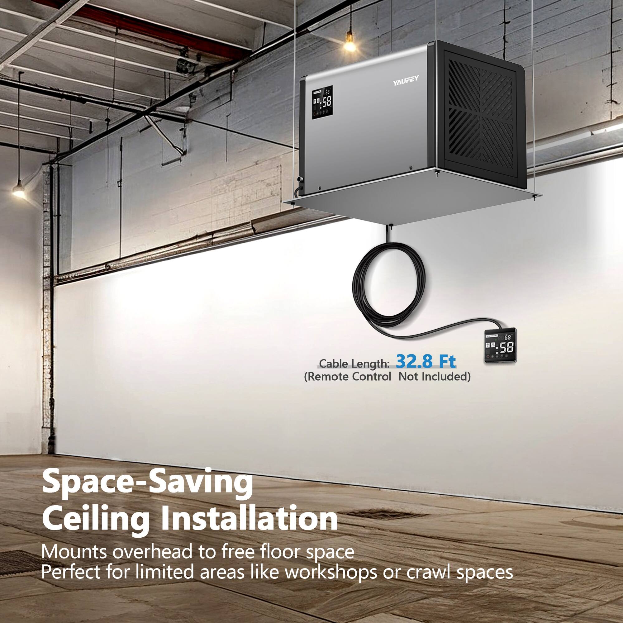 M an 58 YAUFEY do 58 .... Cable Length: 32.8 Ft (Remote Control Not Included) Space-Saving Ceiling Installation Mounts overhead to free floor space Perfect for limited areas like workshops or crawl spaces