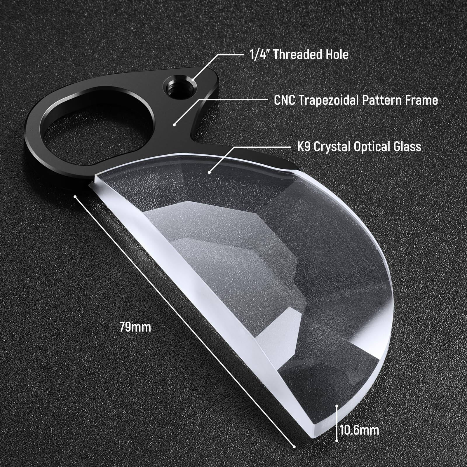 1/4" Threaded Hole  
CNC Trapezoidal Pattern Frame  
K9 Crystal Optical Glass  
79mm  
10.6mm