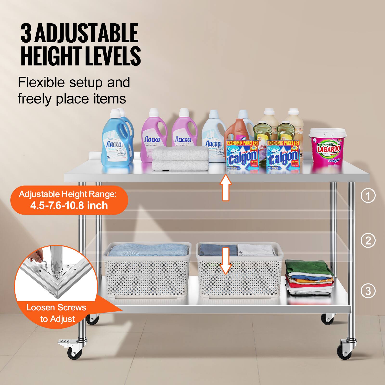 3 ADJUSTABLE HEIGHT LEVELS Flexible setup and freely place items : | |  ee P  EXONOMI PAKE E EKONMIX PARETT T 1el CO D Calgon ENE Z Calgon   1 I - LAGARTO - ag I Adjustable Height Range: 4.5-7.6-10.8 inch 1 2 3 Loosen Screws to Adjust