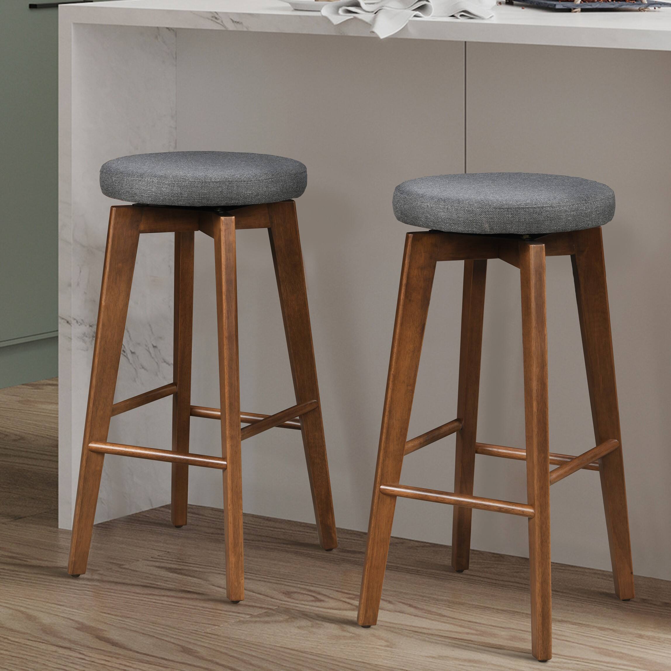 Angle. LuXeo - Serena 29" Barstool Walnut Legs with Gray Fabric Upholstered Seat (Set of 2) - Walnut/Gray.