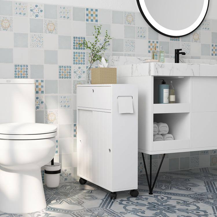 Alt View 1. PULUZ - Toilet Paper Cabinet, Slim Bathroom Cabinet with 4 Rolling Wheels, Small Bathroom Storage Cabinet with Paper Holes, Slid - White.