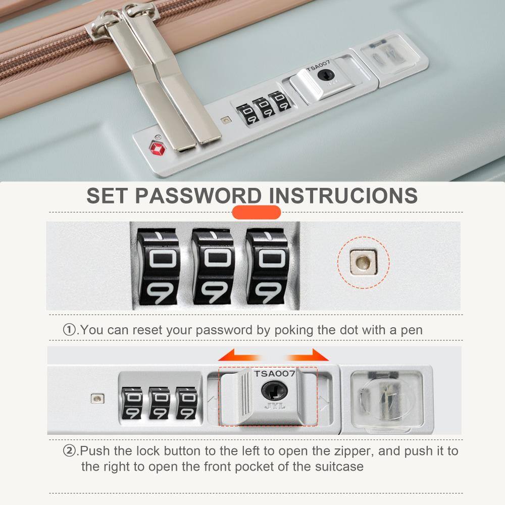 SET PASSWORD INSTRUCTIONS

1. You can reset your password by poking the dot with a pen.

2. Push the lock button to the left to open the zipper, and push it to the right to open the front pocket of the suitcase.