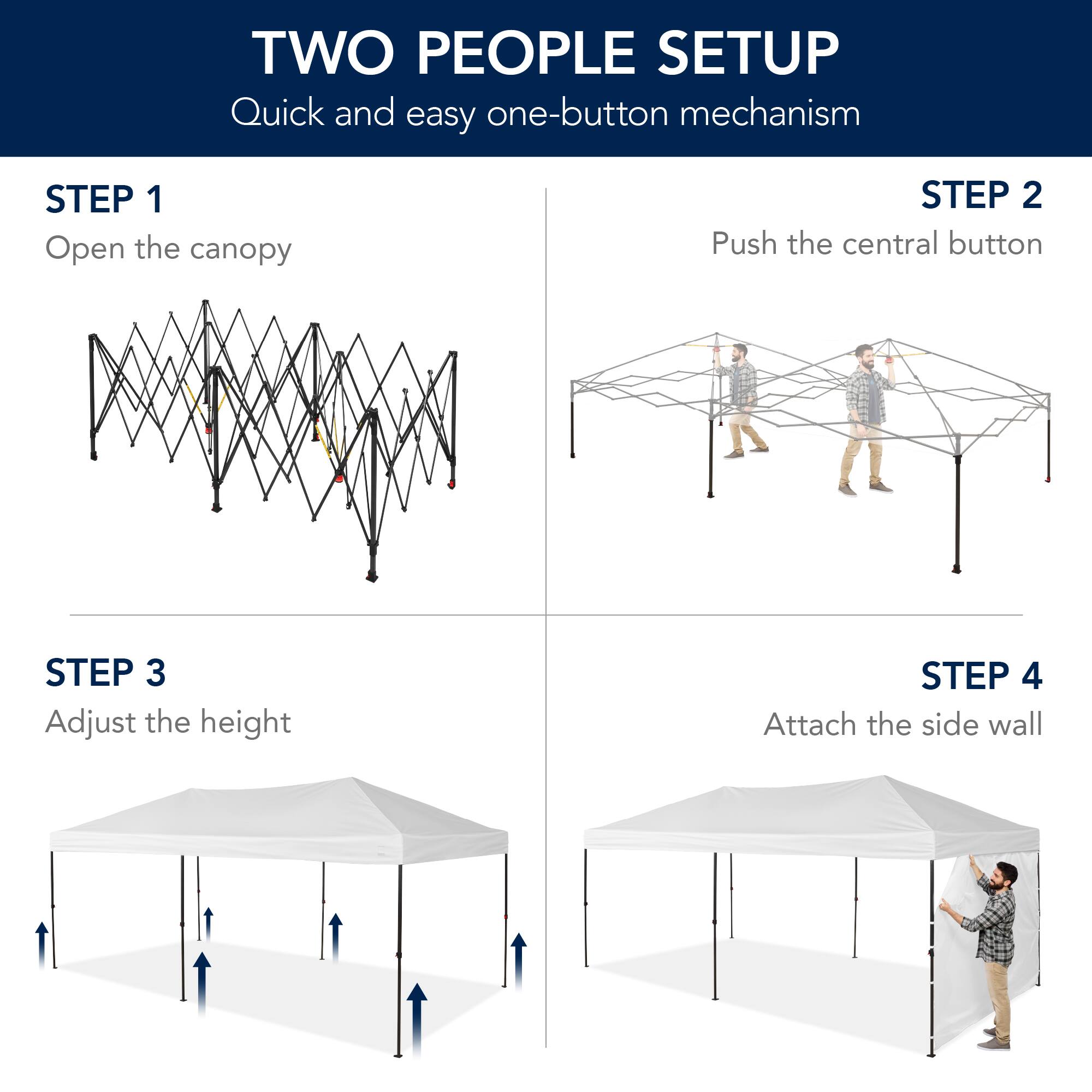 TWO PEOPLE SETUP  
Quick and easy one-button mechanism  

STEP 1  
Open the canopy  

STEP 2  
Push the central button  

STEP 3  
Adjust the height  

STEP 4  
Attach the side wall