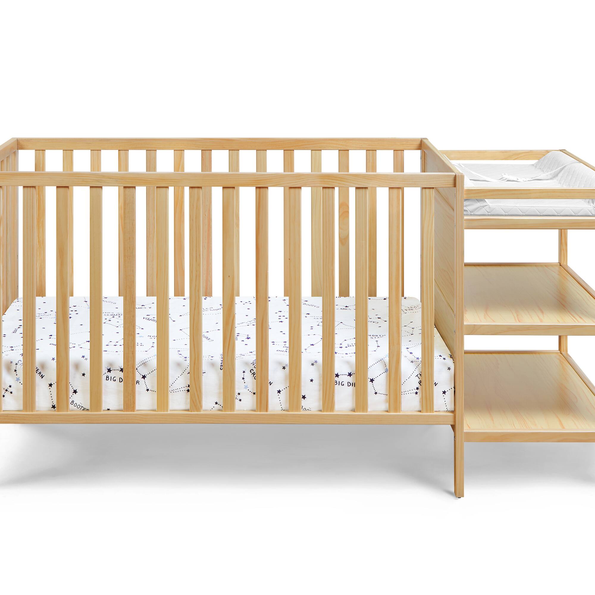 Left. GOODSILO - 3-in-1 Convertible Crib and Changer Combo with Storage Shelves and Adjustable Mattress Support - Natural.