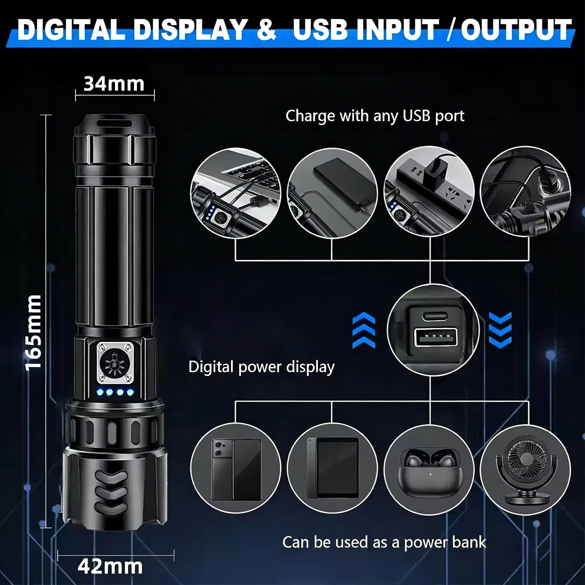 DIGITAL DISPLAY & USB INPUT / OUTPUT

- 34mm
- 165mm
- 42mm

Charge with any USB port

Digital power display

Can be used as a power bank