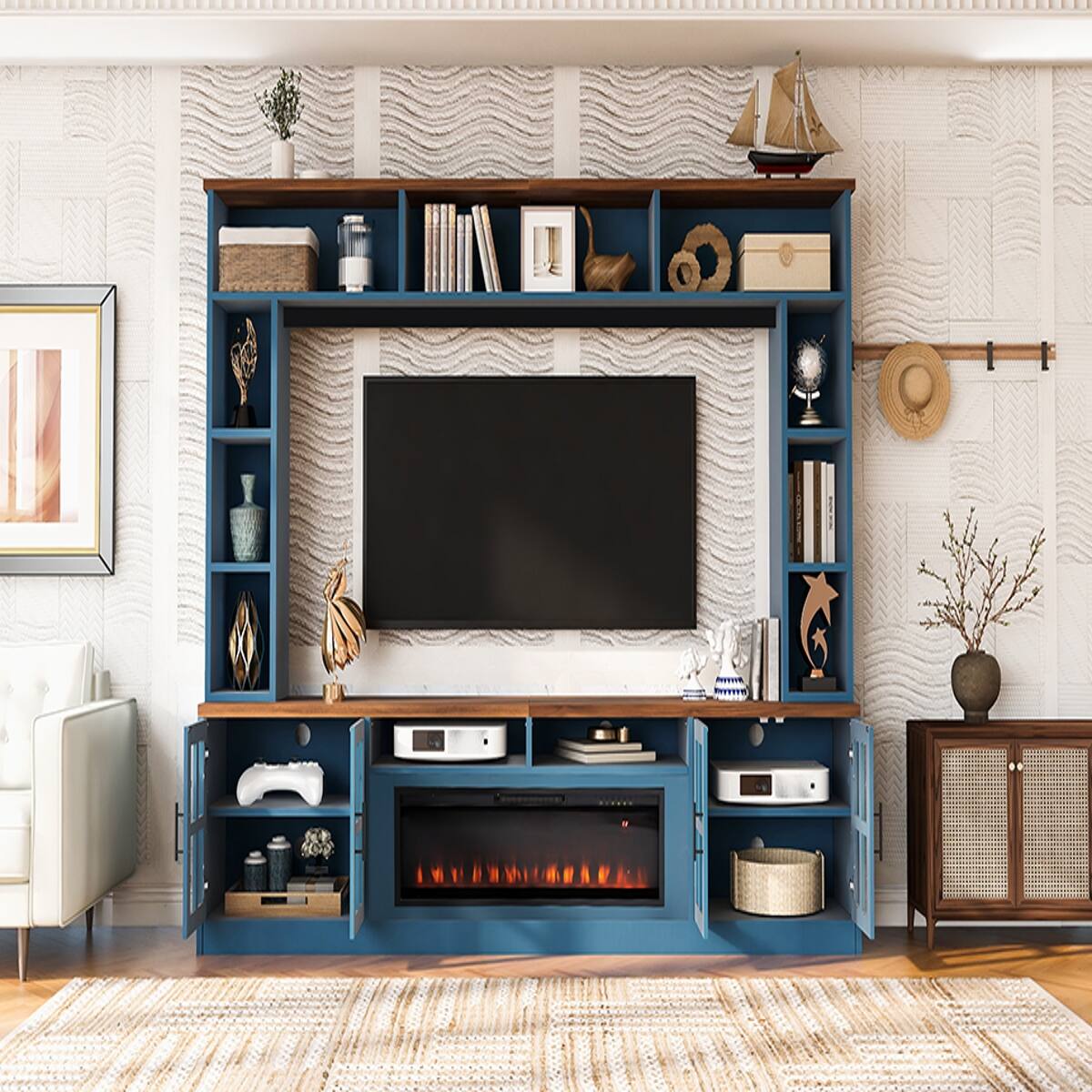 Alt View 2. Loheer - Loheer Navy Blue Media Console Entertainment Center with Electric Fireplace Wall Unit for 80 Inch TV - Navy Blue.