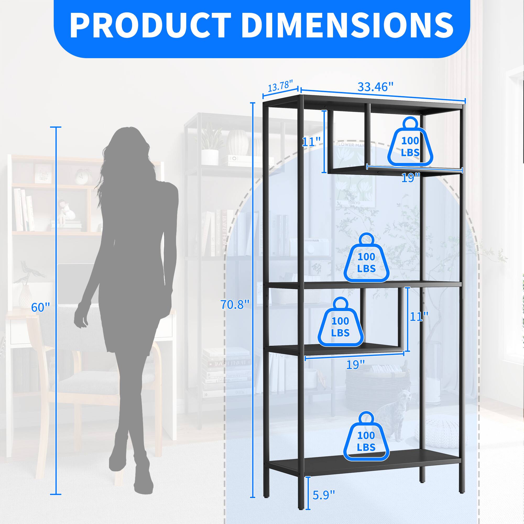 PRODUCT DIMENSIONS

- Height: 70.8"
- Width: 33.46"
- Depth: 13.78"
- Shelf 1: 19" x 11" (100 LBS)
- Shelf 2: 19" x 11" (100 LBS)
- Shelf 3: 19" x 11" (100 LBS)
- Overall Depth: 5.9"
