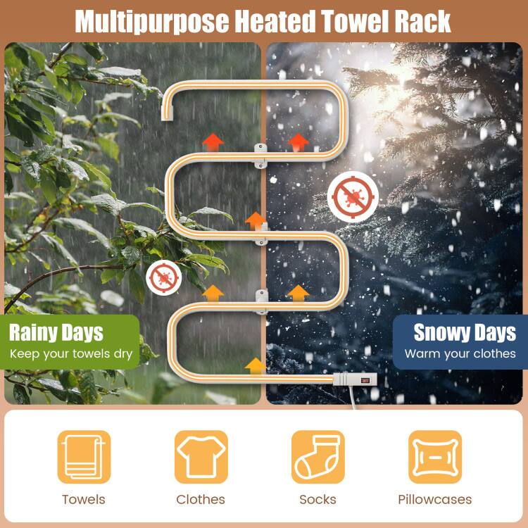 Multipurpose Heated Towel Rack

Rainy Days
Keep your towels dry
Snowy Days
Warm your clothes

Towels
Clothes
Socks
Pillowcases