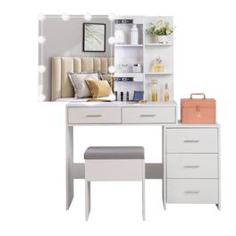 Winado - Vanity Makeup Table Dressing Desk Set Open Shelves 5 Drawers Cabinet 10 LED Lighted Bulbs Sliding Mirror with Stool Set - White