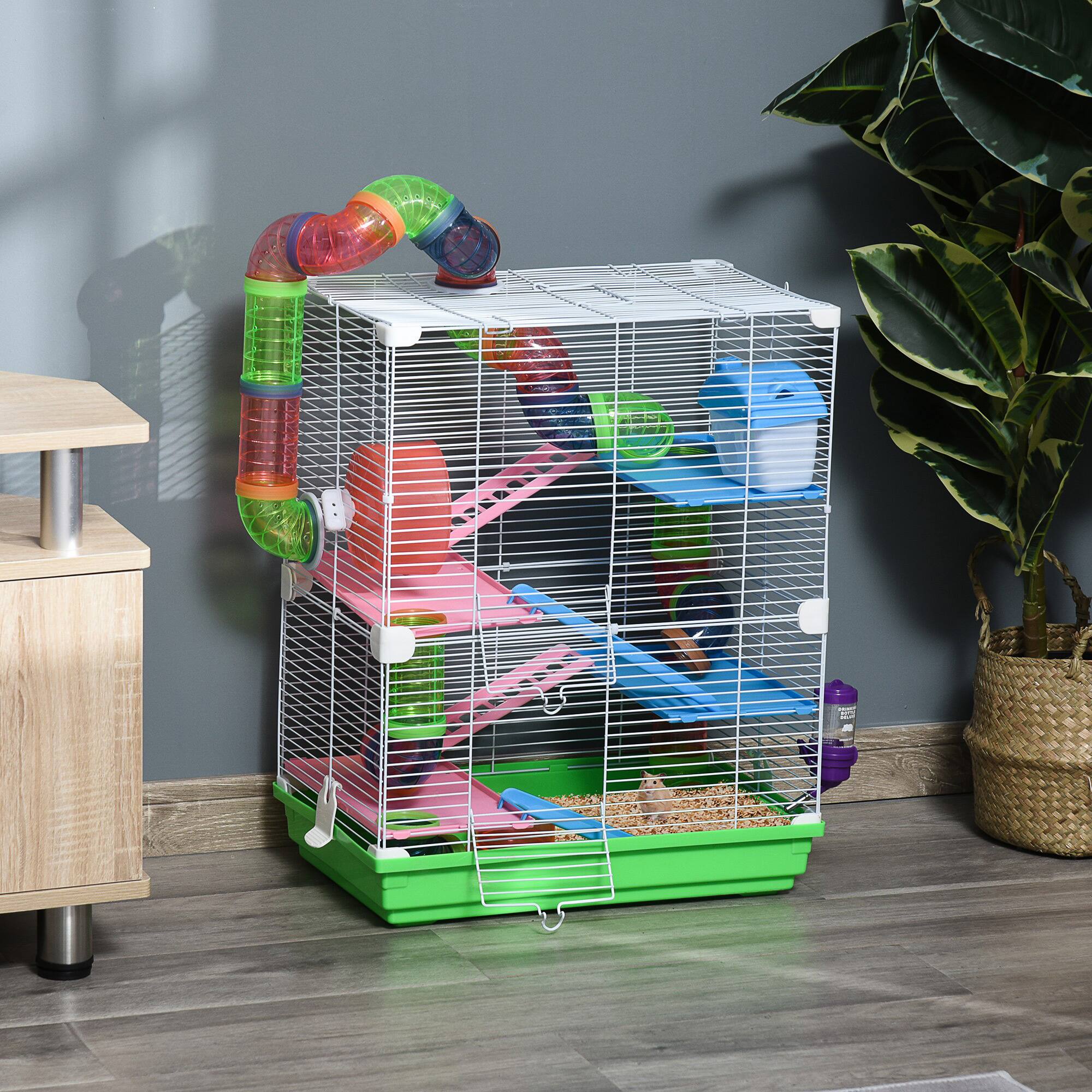 Angle. Pawhut - 18" 5-Tier Hamster Cage with Tubes, Tunnels, Exercise Wheel, Water Bottle, Food Dish & Portable Carry Handle for Gerbils.