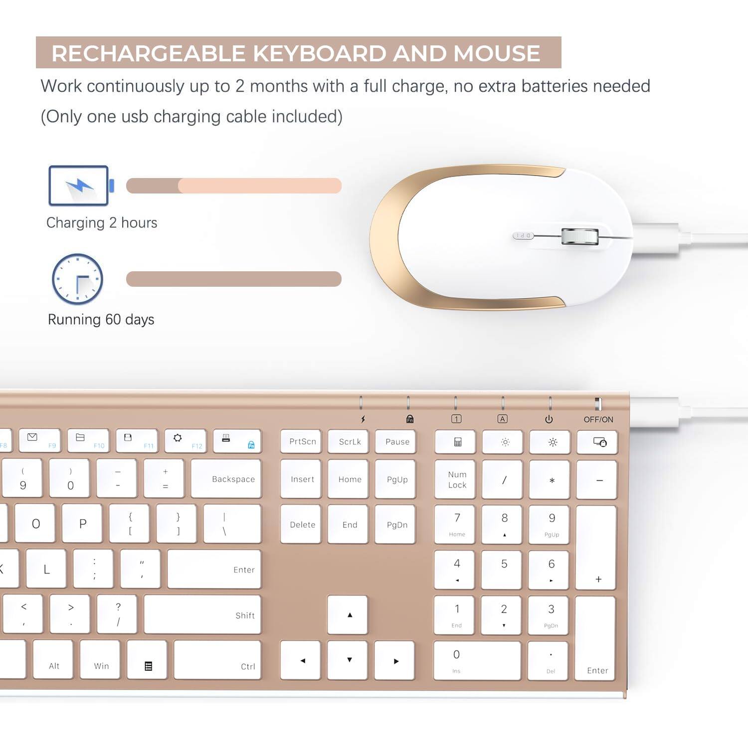 RECHARGEABLE KEYBOARD AND MOUSE

Work continuously up to 2 months with a full charge, no extra batteries needed (Only one usb charging cable included)

Charging 2 hours
Running 60 days

1 A OFF/ON F8 19 1n0 111 F12 PrtScn Scrtk Pause I 9 I 0 I - . - Backspace Insert Home PgUp Num Lock / - o P { I 1 I I I Delete End PgDn 7 esome 8 9 Pove 1 L - : . d Enter 4 5 6 + C > ? I Shift 1 tnd 2 3 Pyb Alt Win Ctrl 0 a Del Enter