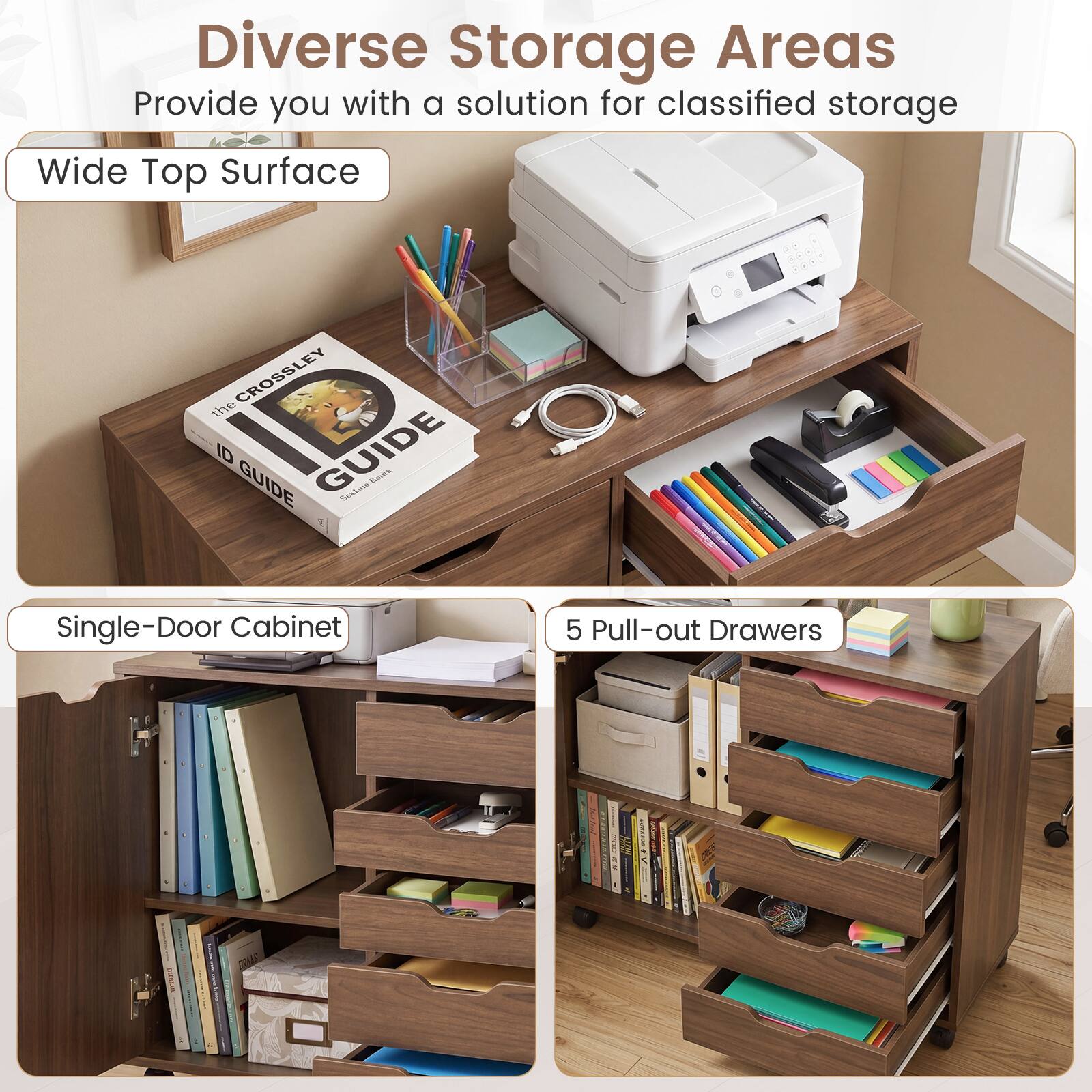 Diverse Storage Areas Provide you with a solution for classified storage

Wide Top Surface

Single-Door Cabinet

5 Pull-out Drawers