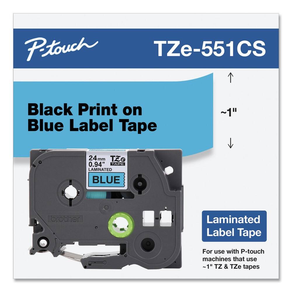 P-touch  
TZe-551CS  

Black Print on Blue Label Tape  

24 mm 0.94" Laminated Tape  
BLUE  

Laminated Label Tape  
For use with P-touch machines that use ~1" TZ & TZe tapes