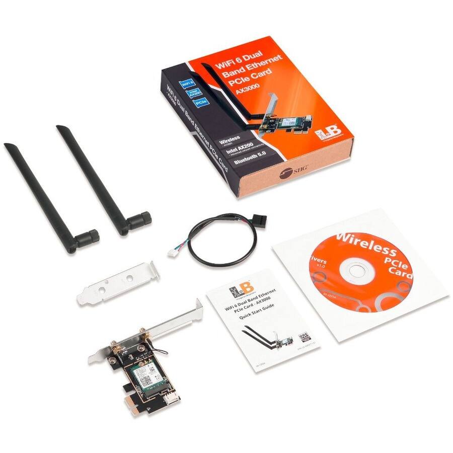 Sure, here is the corrected and grouped text:

---

**Product Name:**
- WiFi 6 Dual Band Ethernet PCIe Card AX3000

**Features:**
- Dual Band WiFi
- Ethernet
- PCIe Card
- Intel AX200
- Bluetooth 5.0
- 5.0 GHz
- 5G
- 5G WiFi
- 5G Band
- Dual Card
- Guide
- Wireless
- PCle
- Wireless PCIe Card
- Quick Start Guide

**Additional Information:**
- Wireless PCIe Card AX3000
- Quick-Start Guide

---

This text is derived from the image and includes all the relevant details.