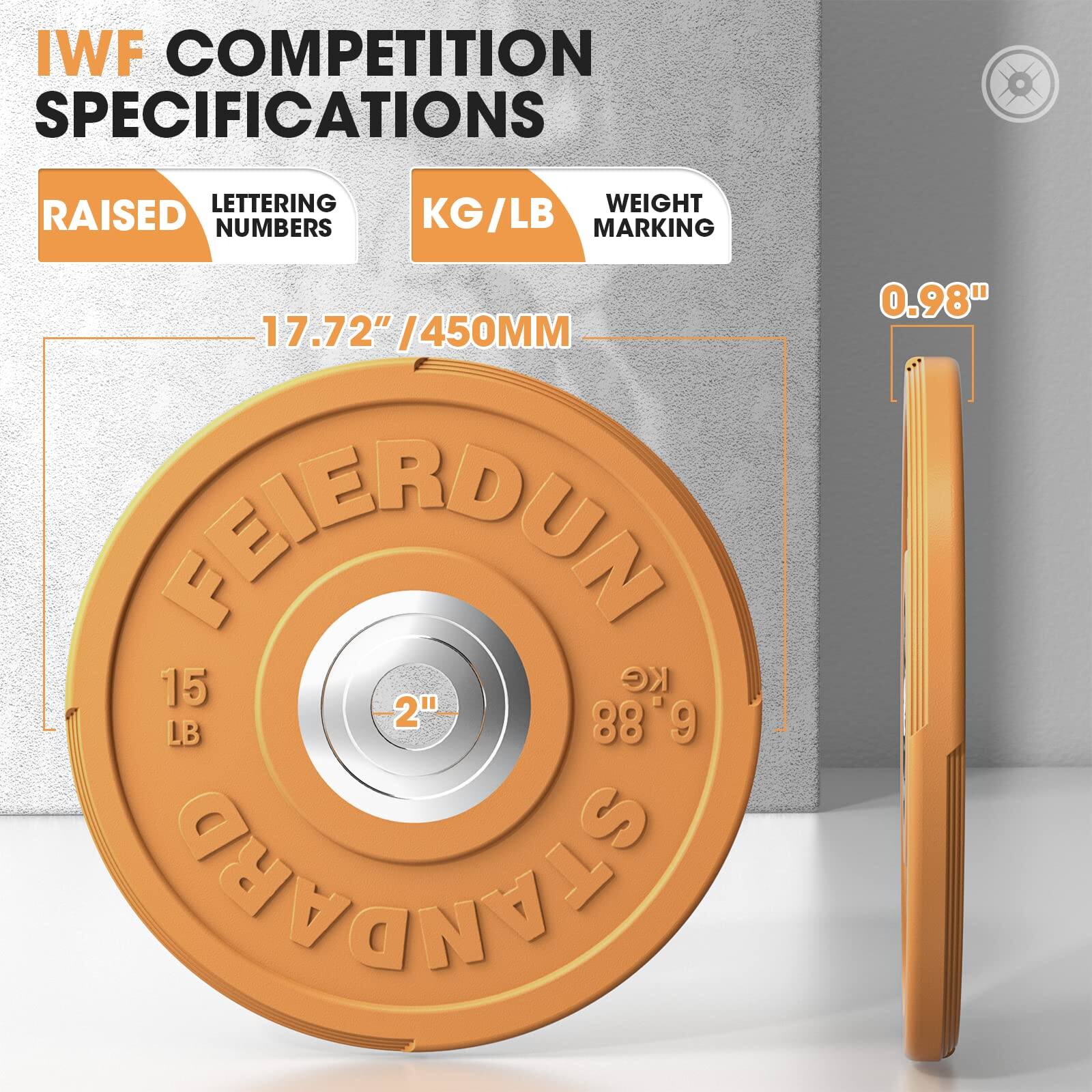 IWF COMPETITION SPECIFICATIONS  
RAISED LETTERING NUMBERS  
KG / LB WEIGHT MARKING  
17.72" / 450MM  
FEIERDUN  
15 LB  
2"  
88'9"  
0.98"