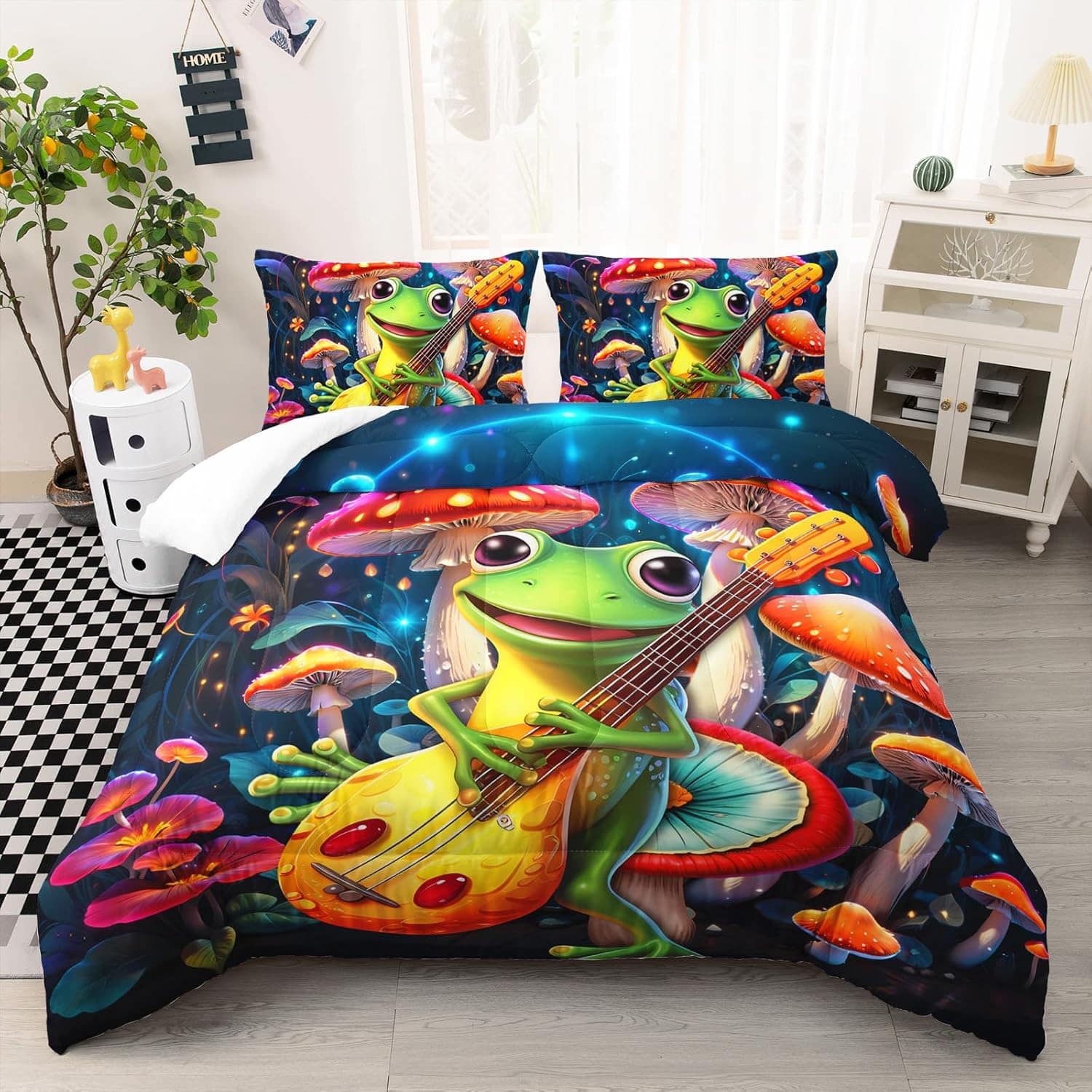 Wikistore - Cute Frog Guitar Comforter Set Full Size Botanica Mushroom Cartoon Bedding 3 Piece - As Picture