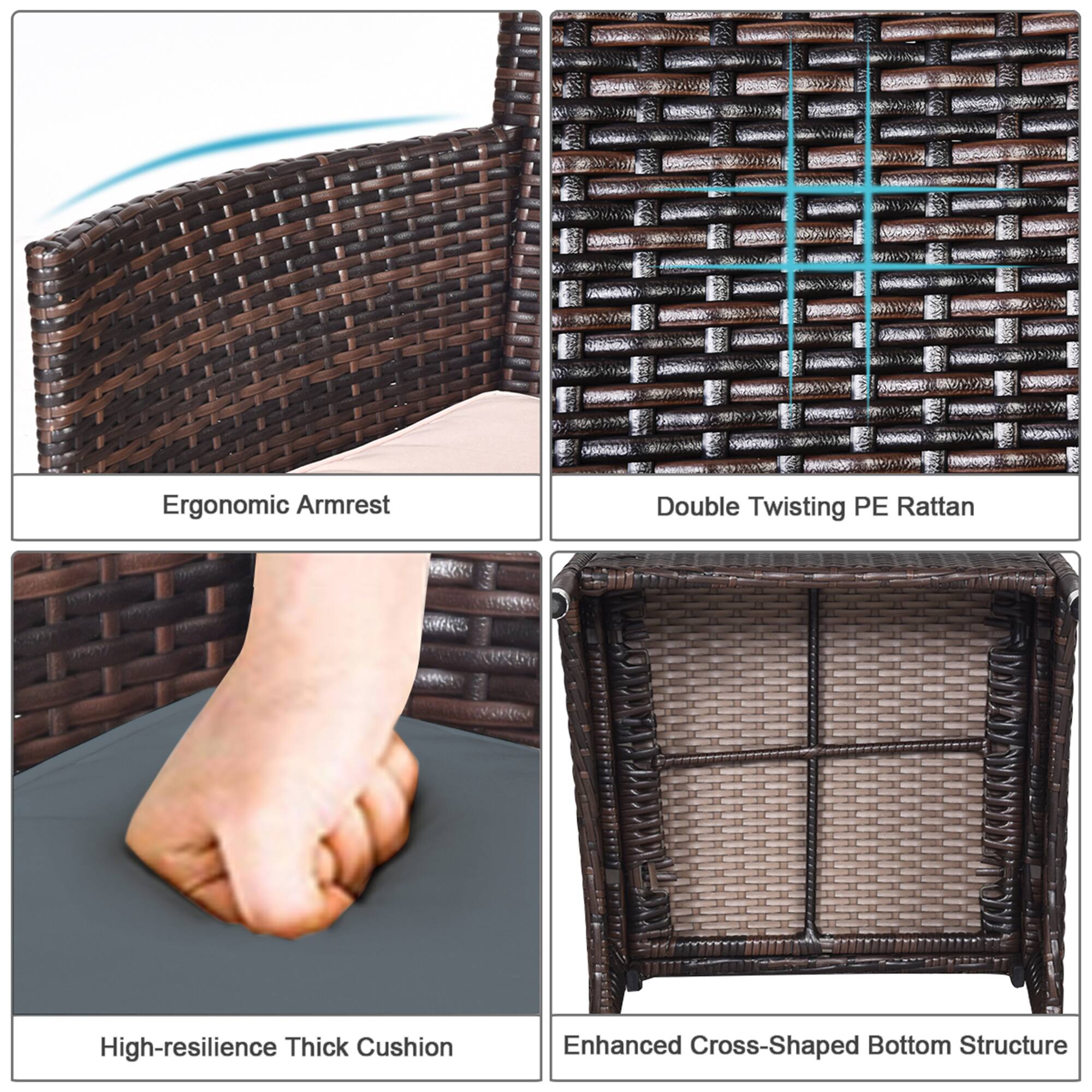 Ergonomic Armrest, Double Twisting PE Rattan, High-resilience Thick Cushion, Enhanced Cross-Shaped Bottom Structure