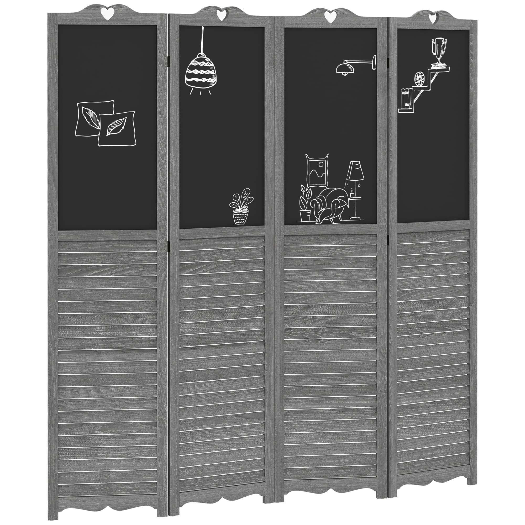 Homcom - Folding Room Divider with Blackboard, Tall Freestanding Privacy Screen Panels for Bedroom or Office - Gray