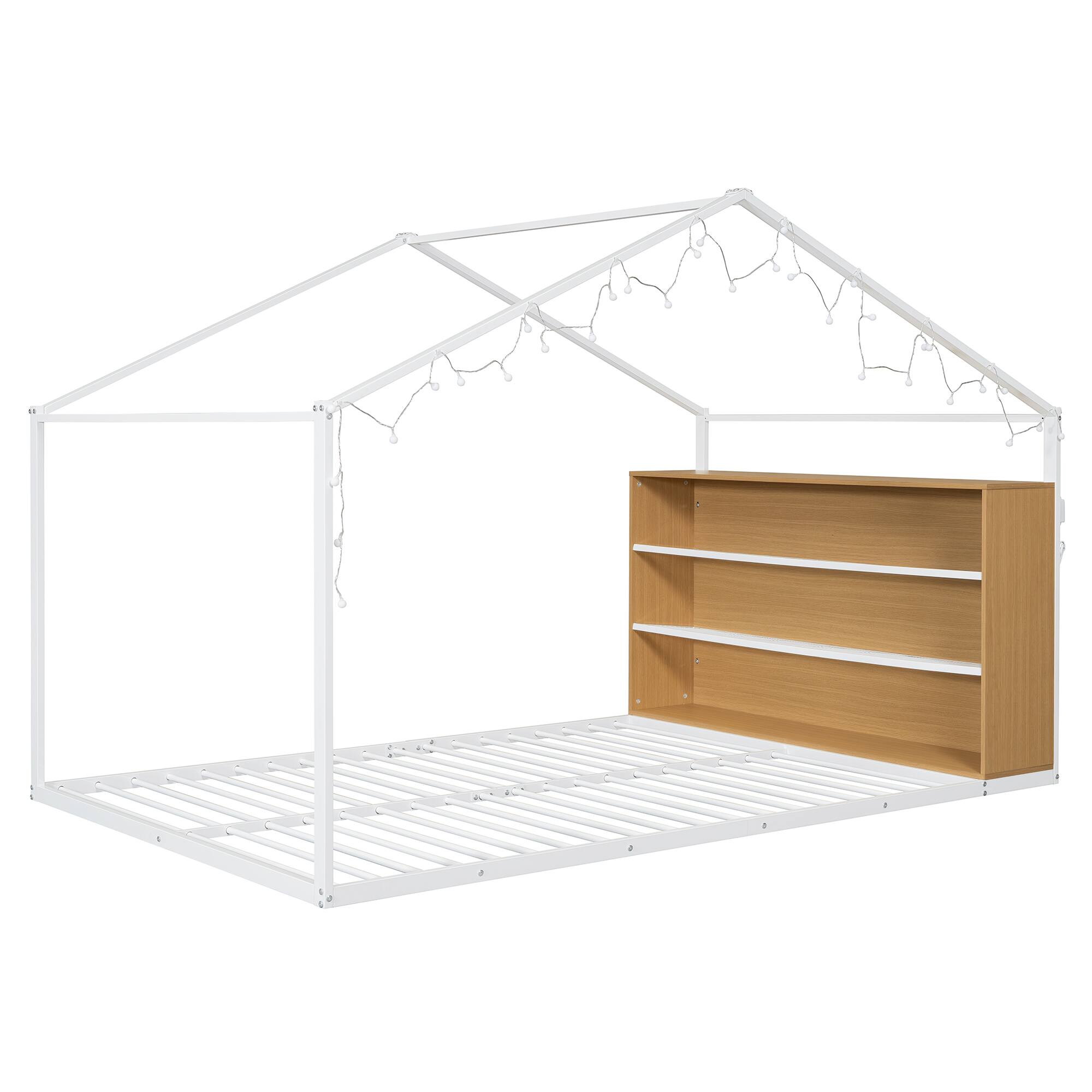 Alt View 2. GOODSILO - Full Size Metal House Bed Frame with Shelves and Lights - White.