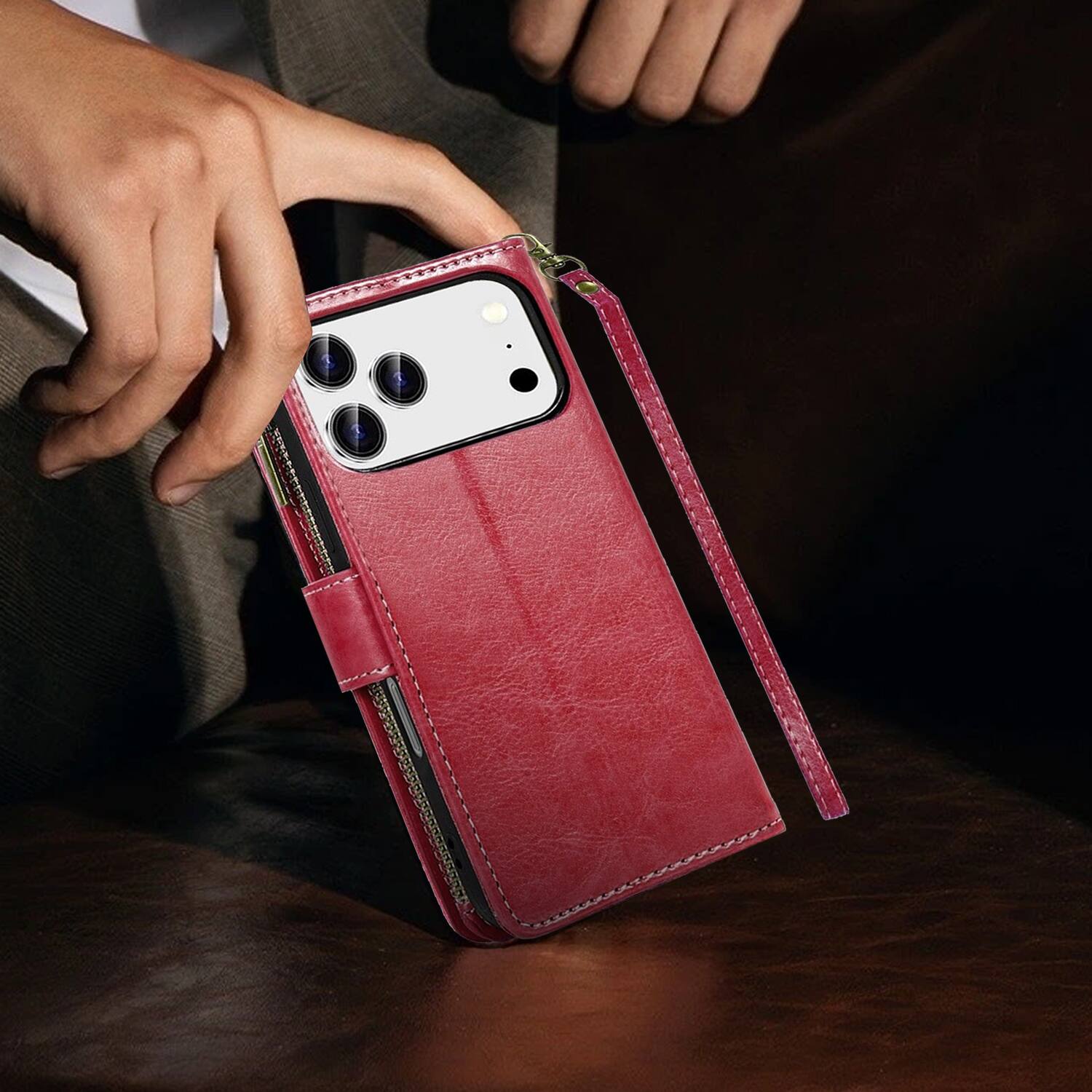 Alt View 6. Equipd - Phone Case for iPhone 17 Pro 6.3", Luxury Wallet Card ID Zipper Money Holder Cover (Red) - Red.