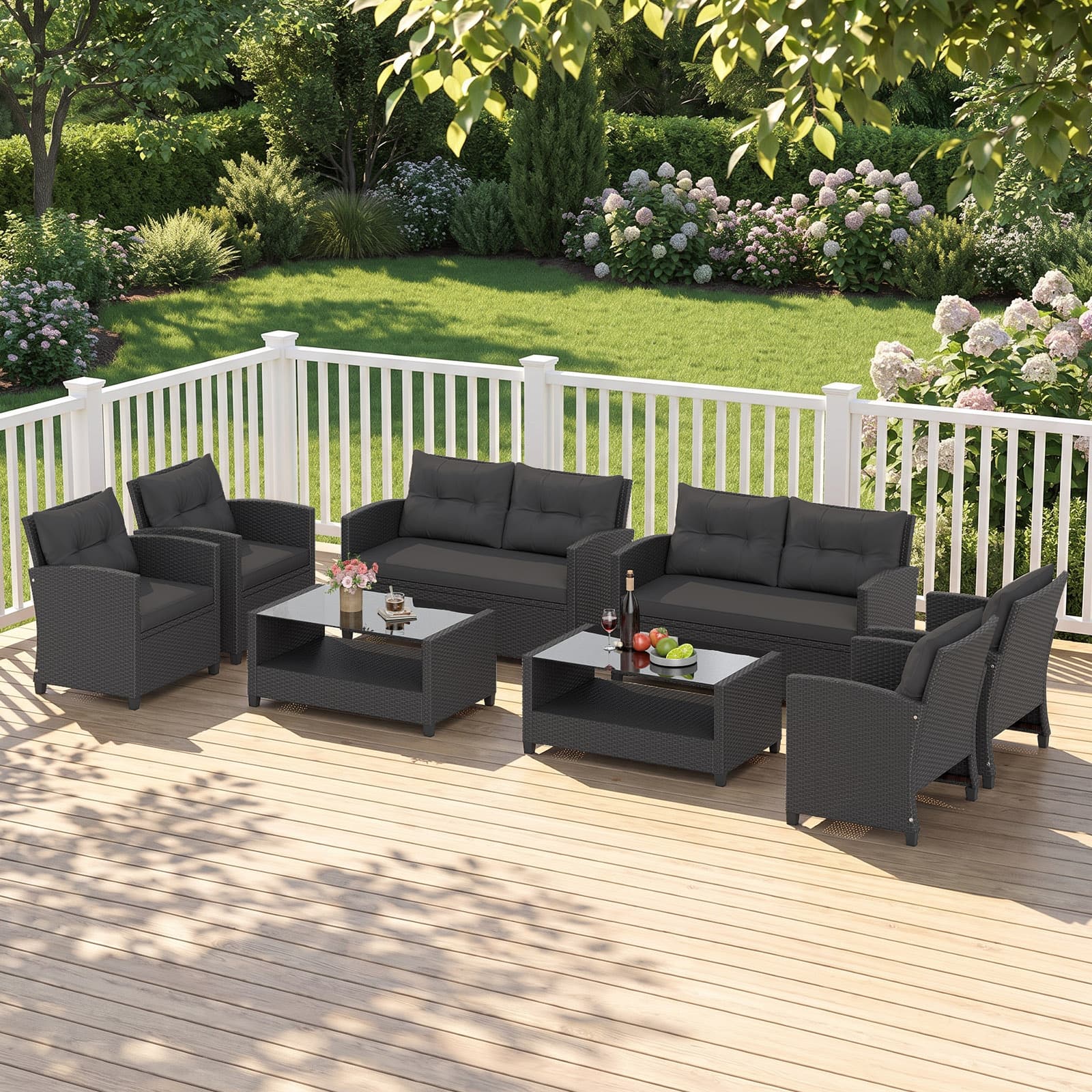 Costway - 8PCS Outdoor Rattan Furniture Set Cushioned Sofa Armrest Table with Lower Shelf - Mix Black+Black