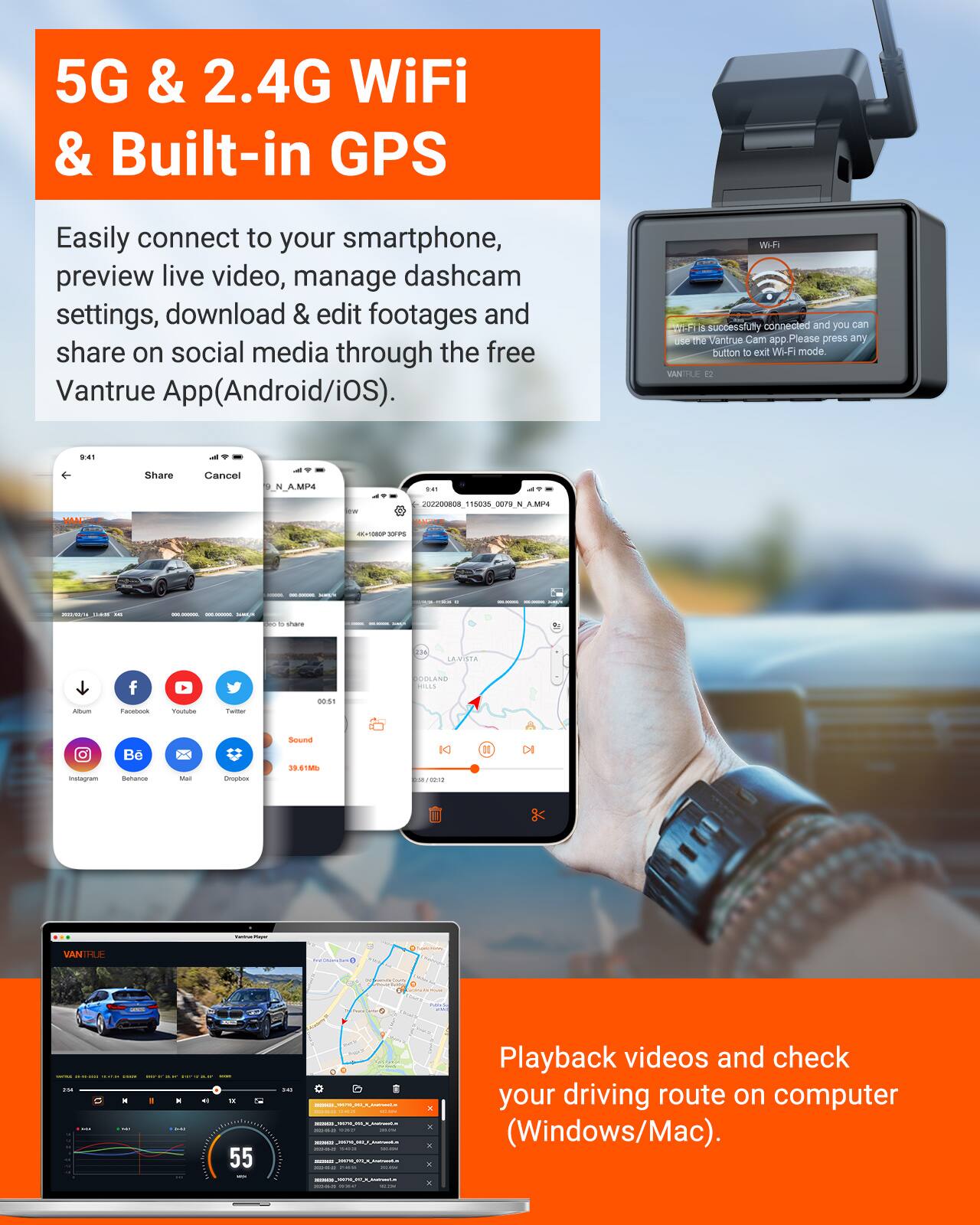 5G & 2.4G WiFi & Built-in GPS

Easily connect to your smartphone, preview live video, manage dashcam settings, download & edit footages and share on social media through the free Vantrue App(Android/iOS).

Wi-Fi Wi-Fi 5 successfully connected and you can use the Vantrue Cam app. Please press any button to exit Wi-Fi mode. VANTRUE 12

9:41
Share
Cancel
N_A.MP4
VIAT
202200808_115035_0079_N_A.MP
K-10HOP COIPS
- - - SUGAR
PRODUSSA/11 COLORIES -
- - - - SUMM
15 share
LAWISTA
ODLAND HOLLS
Juhum
Facebook
Youtuber
Twitter
00:57
Instagram
B Behance
Mat
Dropbox
Sound 39.61ML
K] 000/00/2013
DI
-
VANTRUE
Sod Fione To

-
 - 1
   -   -   x . 4) 