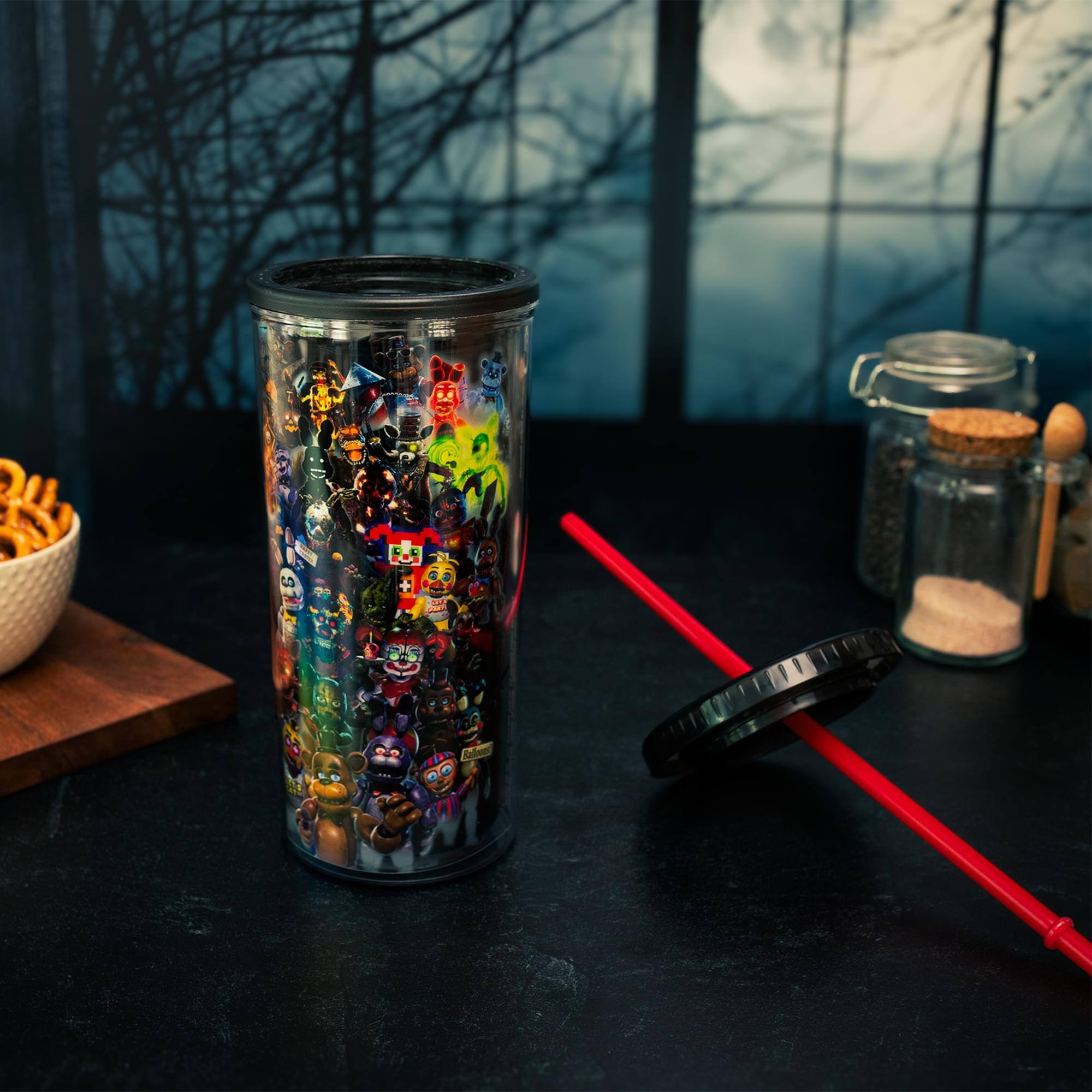 Alt View 4. Silver Buffalo - Five Nights At Freddy's Collage 20-Ounce Carnival Cup With Lid and Straw - Black/Red.