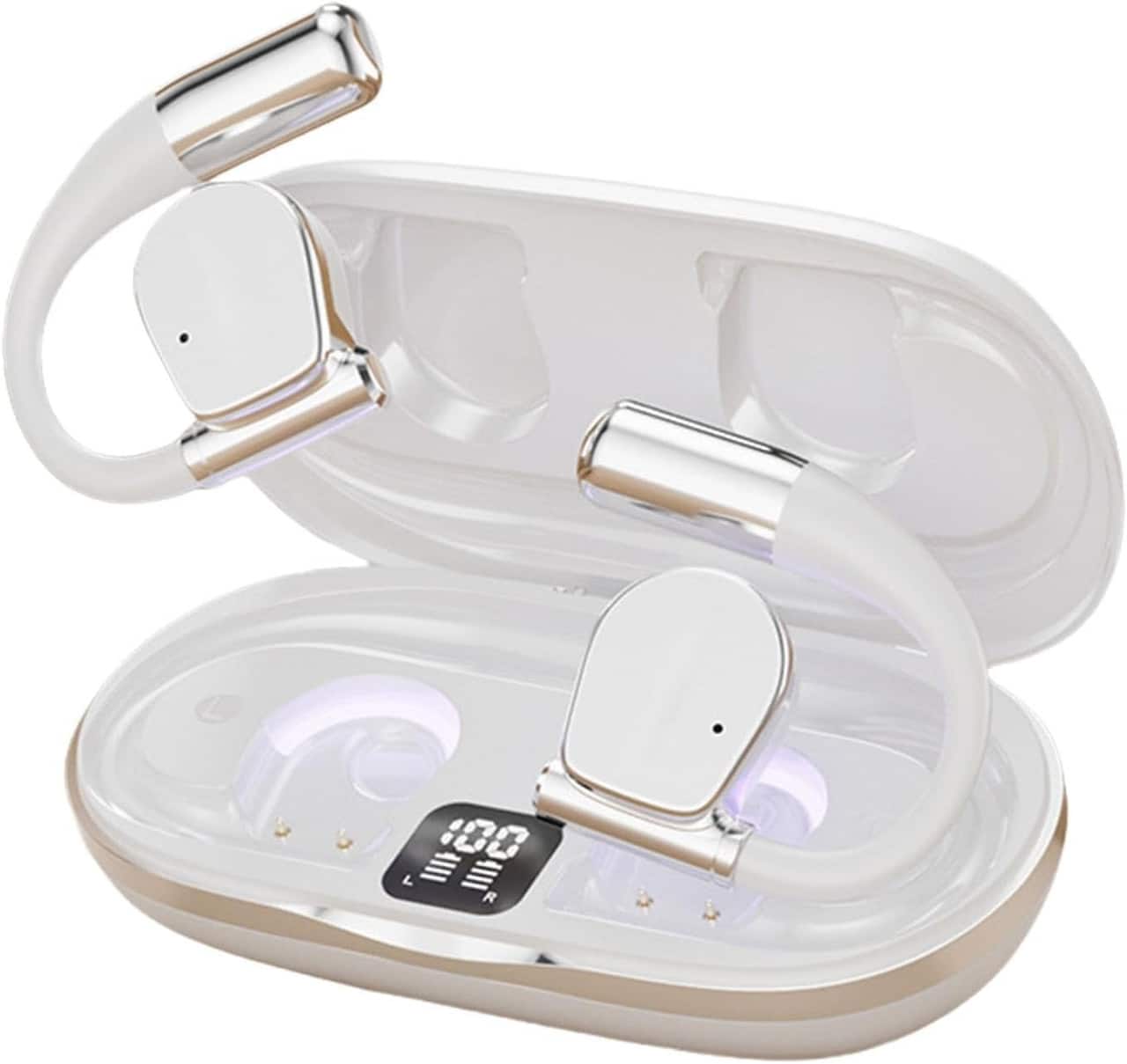 SKRAN - Open-Ear Wireless Bluetooth Headphones - UV Sterilization,Noise-Canceling Long Battery Life - for Gym,Office,Daily Use - White