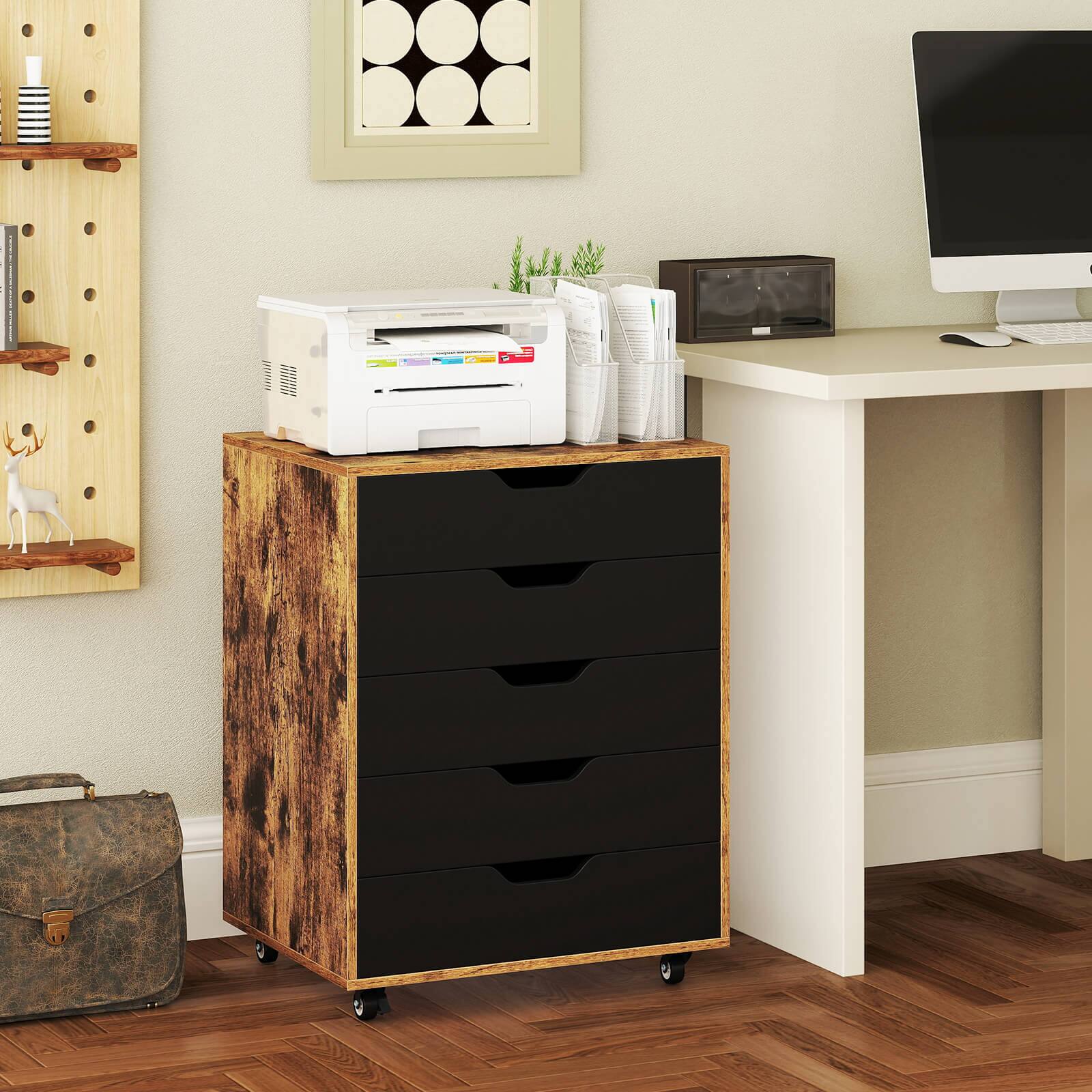 Left. Costway - Costway 5-Drawer Lateral File Cabinet with Wheels Modern Chest of Drawers for Home - Rustic Brown, Black.