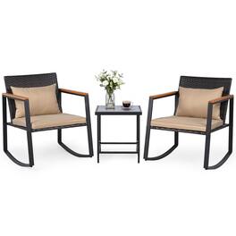 Costway - 3-Piece Outdoor Rocking Bistro Set, Patio Rocking Chairs & Coffee Table Set - Mixed Brown + Brown + Black