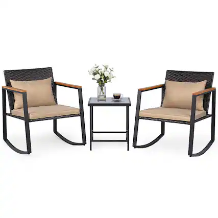 Front. Costway - Costway 3-Piece Outdoor Rocking Bistro Set, Patio Rocking Chairs & Coffee Table Set - Mixed Brown + Brown + Black.