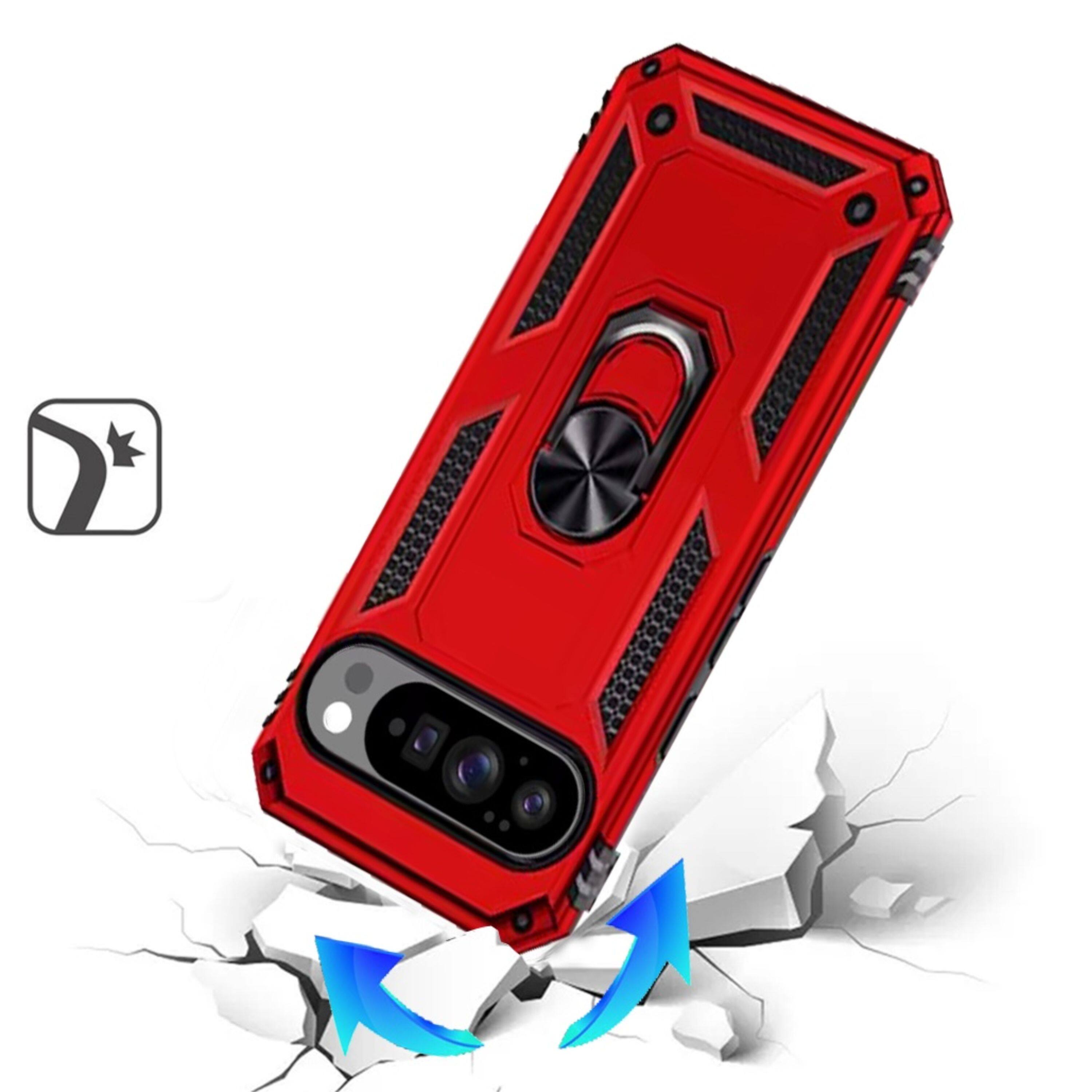 Left. Kitcheniva - Shockproof Ring Holder Magnetic Kickstand Phone Case With Tempered Glass For Google Pixel 10 Pro XL Red - Red.