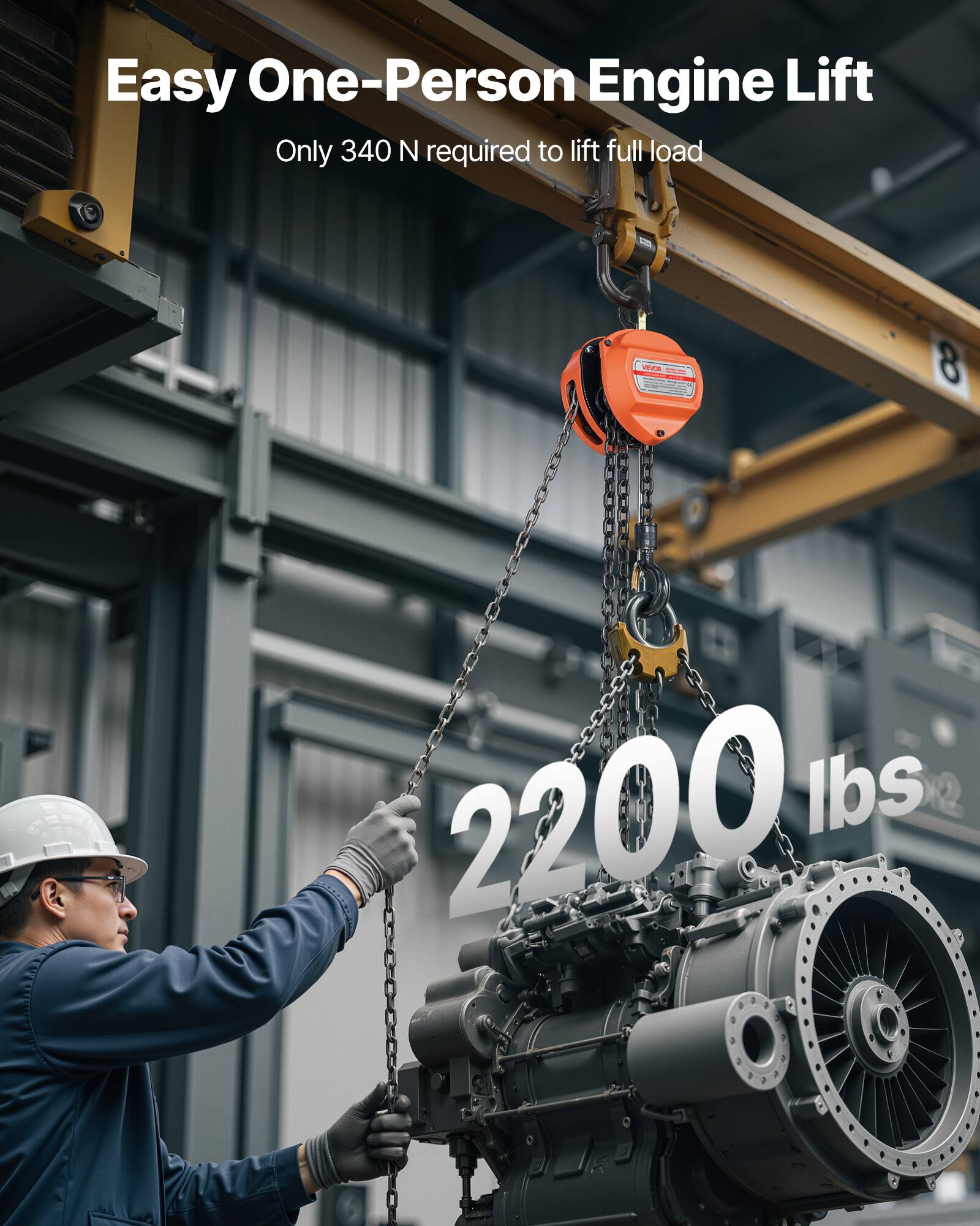 Easy One-Person Engine Lift  
Only 340 N required to lift full load  
2200 lbs