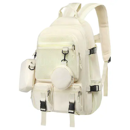 Front. Unique Bargains - Laptop Backpack for Women, 13" College Schoolbag, Hanging Pockets, Korean Style, Y2k Fashion Backpack - Beige.