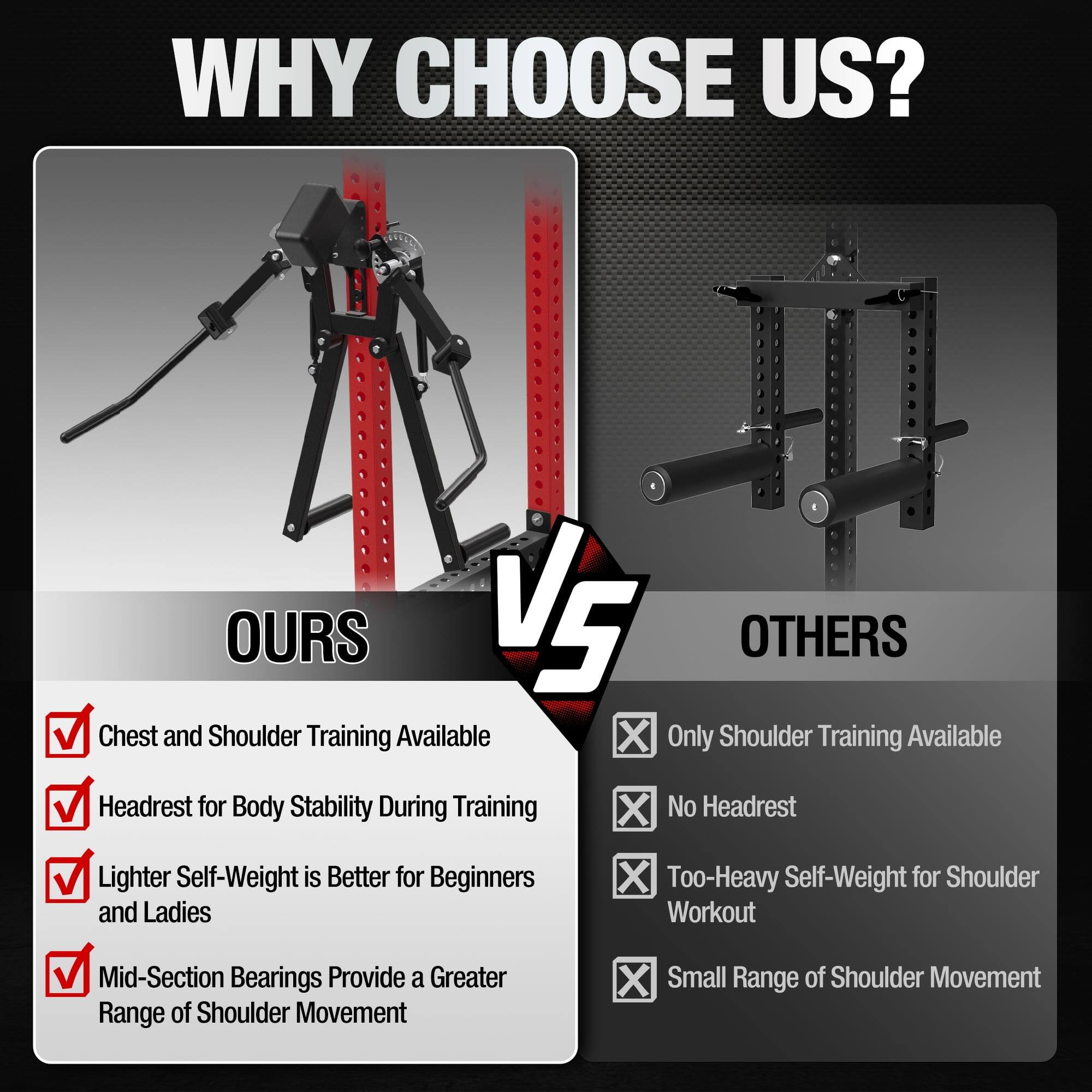 OURS: Chest and Shoulder Training Available, Headrest for Body Stability During Training, Lighter Self-Weight is Better for Beginners, Mid-Section Bearings Provide a Greater Range of Shoulder Movement

OTHERS: Only Shoulder Training Available, No Headrest, Too-Heavy Self-Weight for Shoulder Workout, Small Range of Shoulder Movement