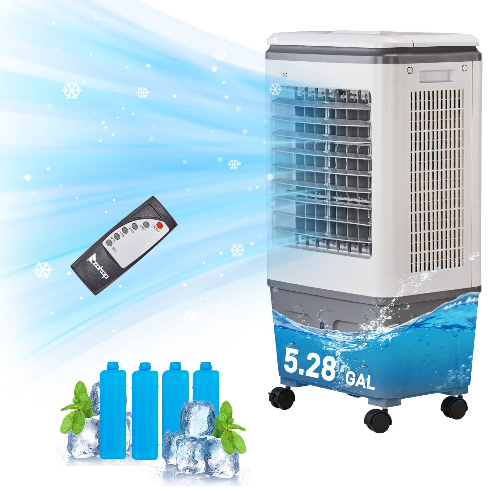Winado - 3-in-1 Evaporative Air Cooler Swamp Portable Fan, Humidifier 3 Speeds 5.28Gal/20L Water Tank & Scroll Casters,7.5H Timer - Deep Grey and White