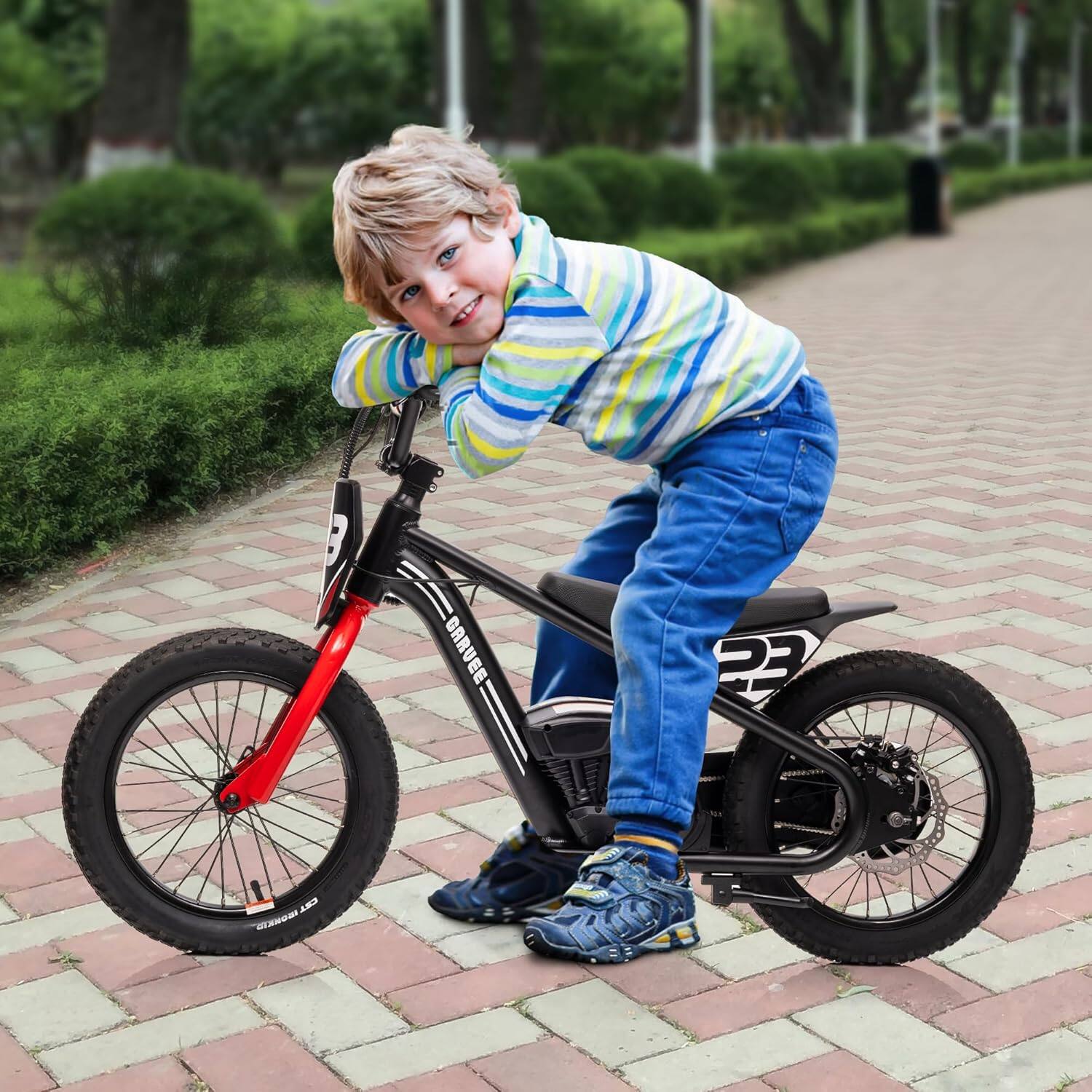 Angle. Acekool - 360W Electric Dirt Bike for Kids, 24V Detachable Battery, 16" Wheels, 3 Speeds up to 16MPH, Ages 6-12, Aluminum, Black - Black.