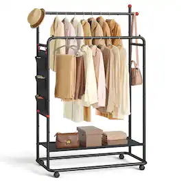 Songmics Home - Double-Rod Clothes Rack, Clothing Rack on Wheels, Portable Garment Rack, with 2 Clothes Hanging Rails - Ink Black