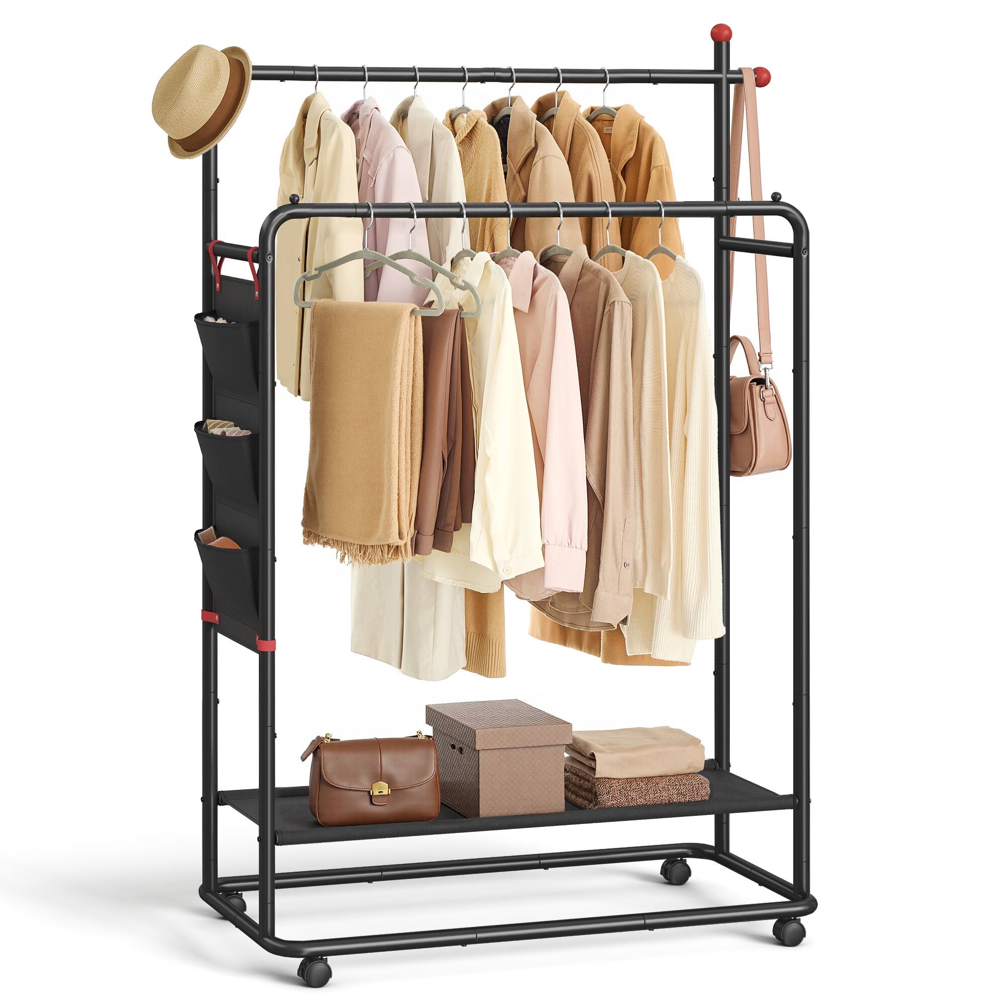 Front. Songmics Home - Double-Rod Clothes Rack, Clothing Rack on Wheels, Portable Garment Rack, with 2 Clothes Hanging Rails - Ink Black.