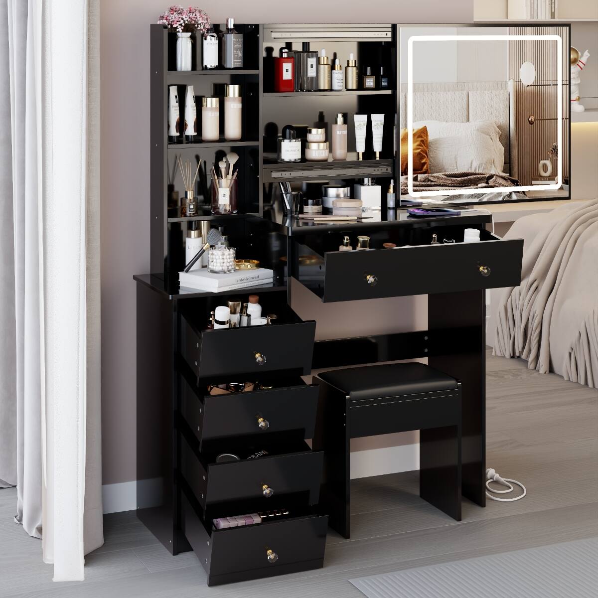 Loheer Makeup Vanity with Sliding Mirror, MDF Table with Padded Stool ...
