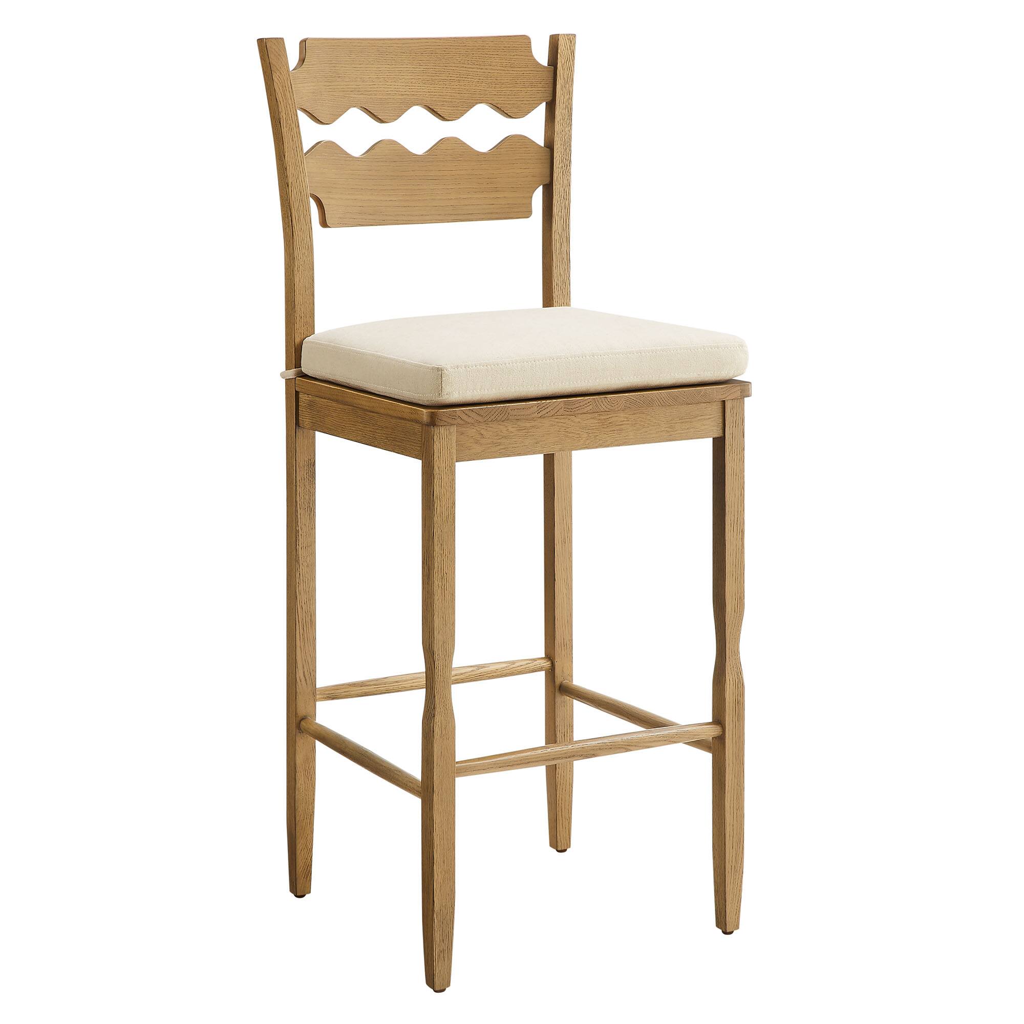 Angle. Modway - Jax Oak Wood Bar Stool With Wavy Razor Back and Cushion by Modway - Weathered Oak Linen.