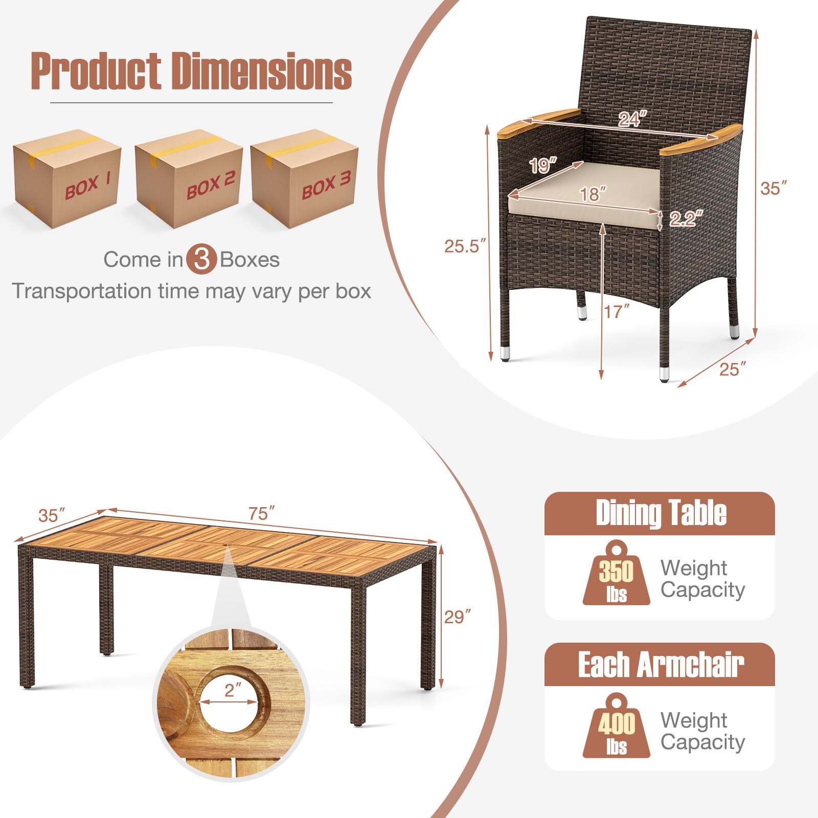 Product Dimensions

- Come in 3 Boxes
- Transportation time may vary per box

Dining Table
- 35" (width)
- 75" (length)
- 29" (height)
- 2" (leg diameter)
- Weight Capacity: 350 lbs

Each Armchair
- 25.5" (height)
- 35" (width)
- 17" (depth)
- 18" (seat width)
- 19" (seat depth)
- 2.2" (seat height)
- Weight Capacity: 400 lbs