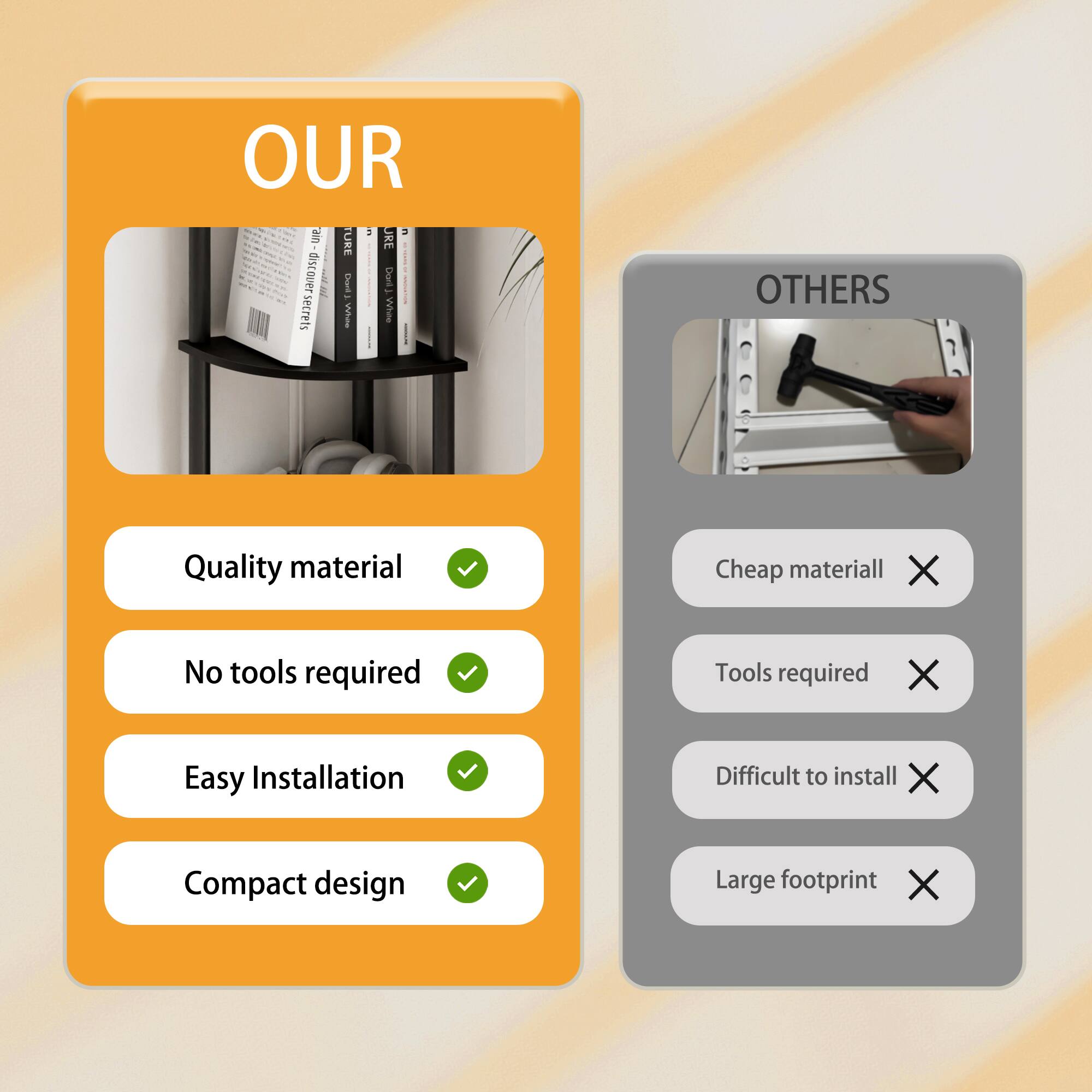 OUR  
1. SURE JRE - discover  
2. I I Dul secrets  
3. Whitel  
4. Quality material  
5. No tools required  
6. Easy Installation  
7. Compact design  

OTHERS  
1. Cheap material  
2. Tools required  
3. Difficult to install  
4. Large footprint