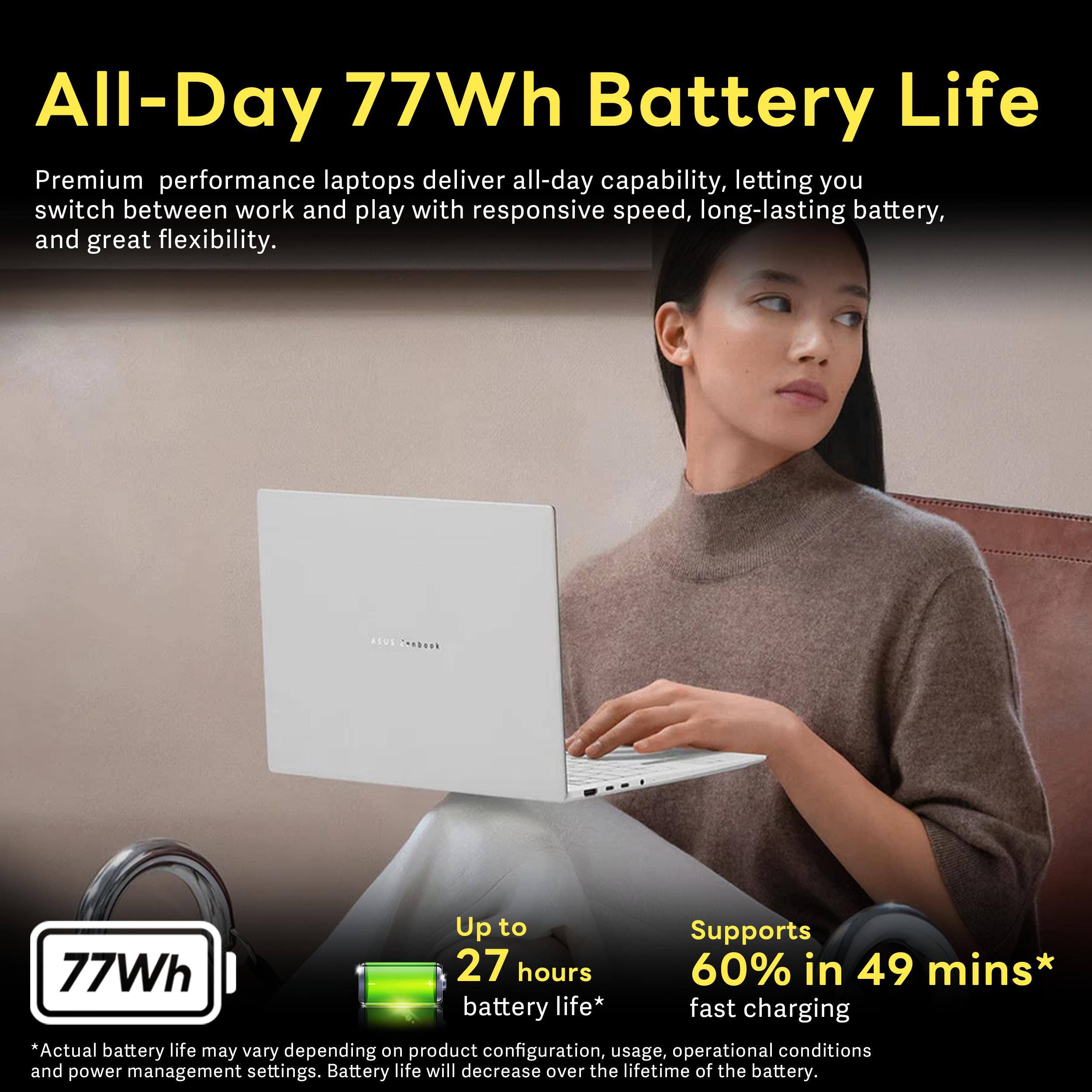 All-Day 77Wh Battery Life

Premium performance laptops deliver all-day capability, letting you switch between work and play with responsive speed, long-lasting battery, and great flexibility.

Up to 27 hours battery life*

Supports 60% in 49 mins* fast charging

*Actual battery life may vary depending on product configuration, usage, operational conditions and power management settings. Battery life will decrease over the lifetime of the battery.