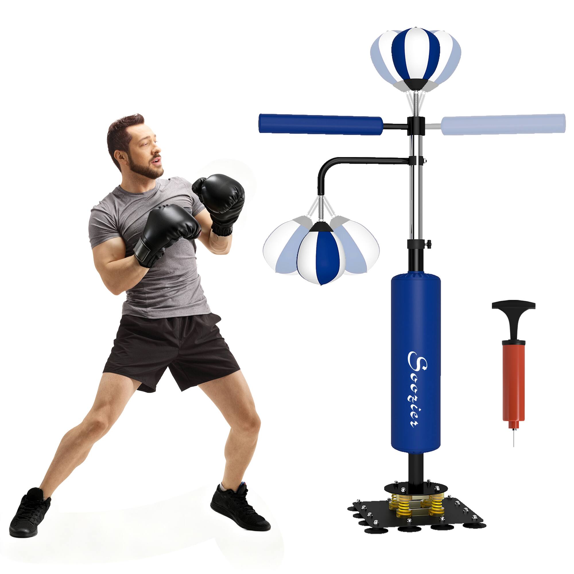 Soozier - Boxing Bag Stand with Speed Bag and Reaction Bar Challenge, 55.1"-80.7" Reflex Bag Boxing Training Equipment - Blue