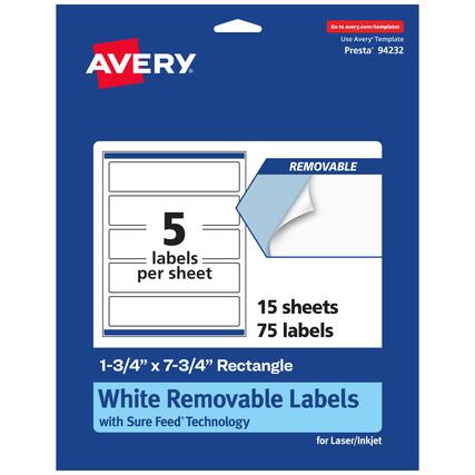 Go to avery.com/templates
AVERY
Use Avery Template Presta® 94232
REMOVABLE
5 labels per sheet
15 sheets
75 labels
1-3/4" x 7-3/4" Rectangle
White Removable Labels with Sure Feed® Technology for Laser/Inkjet