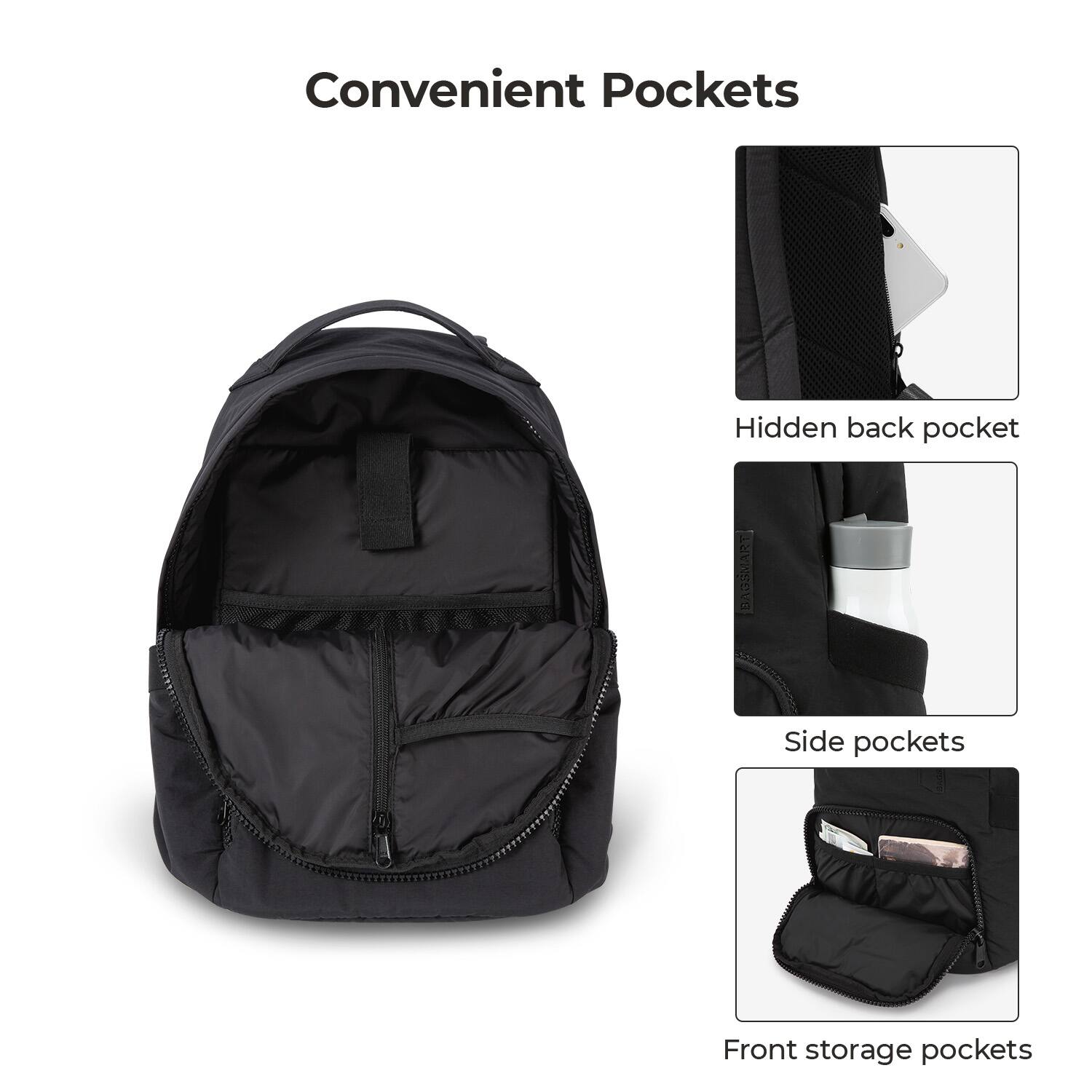 Convenient Pockets

- Hidden back pocket
- Side pockets
- Front storage pockets