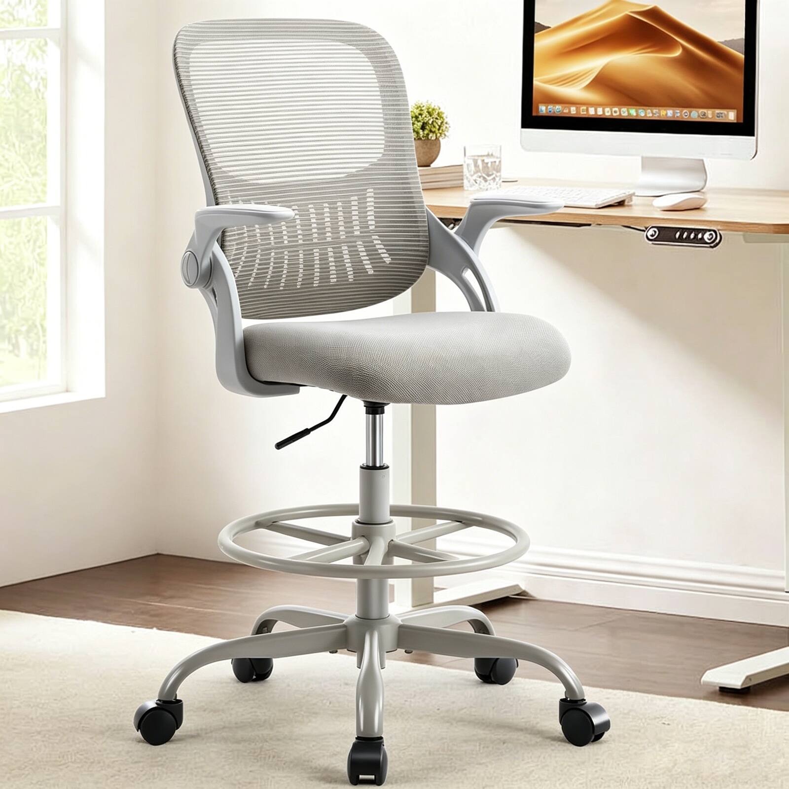 Sweet - Drafting Chair, Tall Office Chair for Standing Desk with Flip-up Arms Mesh Rolling Work 360° Swivel Footrest - Gray